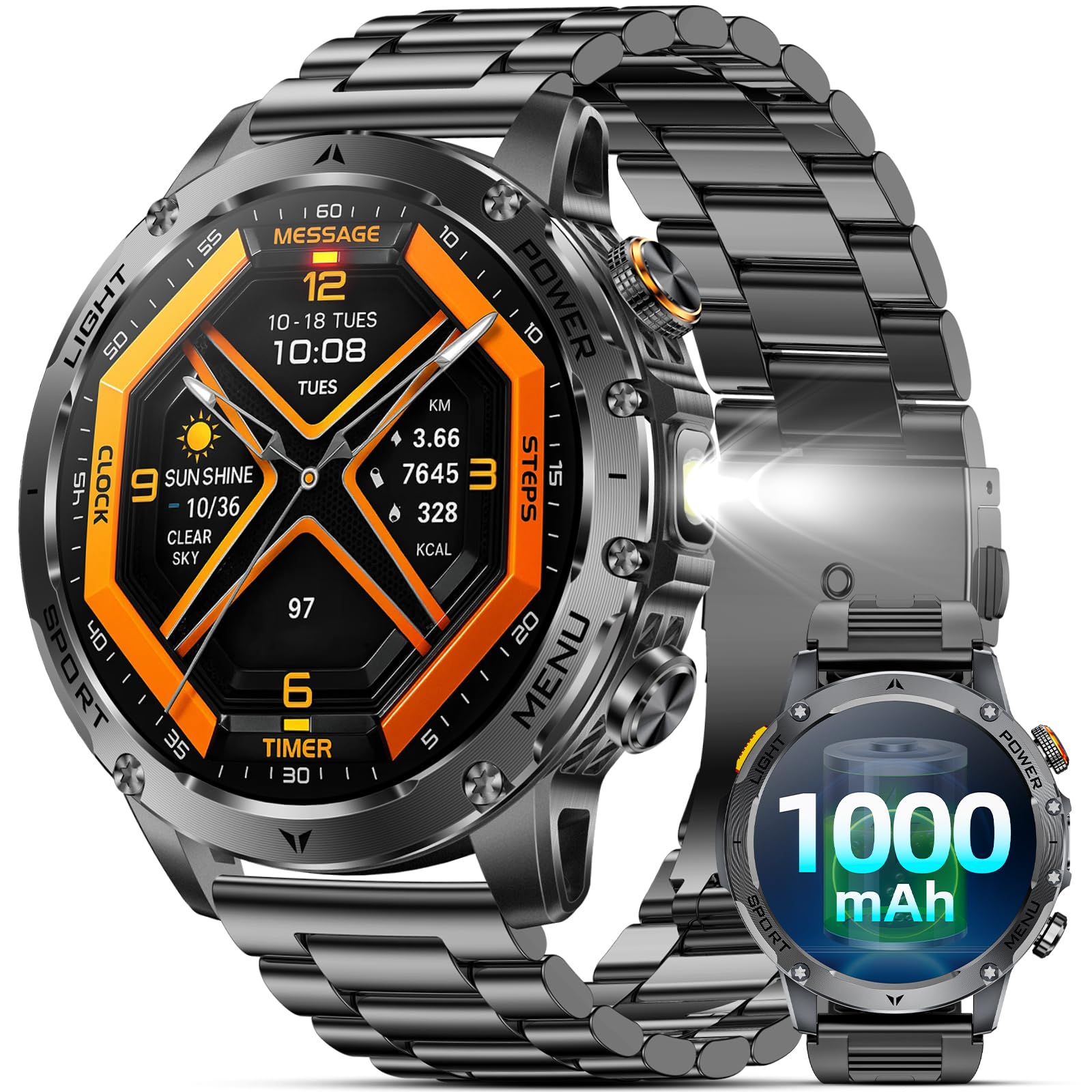 スマートウォッチ【2025最新デザイン 1000mAh大容量 ミリタリーグレードHD大画面】軍用規格スマートウォッチ 高輝度懐中電灯 IP68防水 Bl Amazon | 【2025最新デザイン 1000mAh大容量 最大100日使用可能
