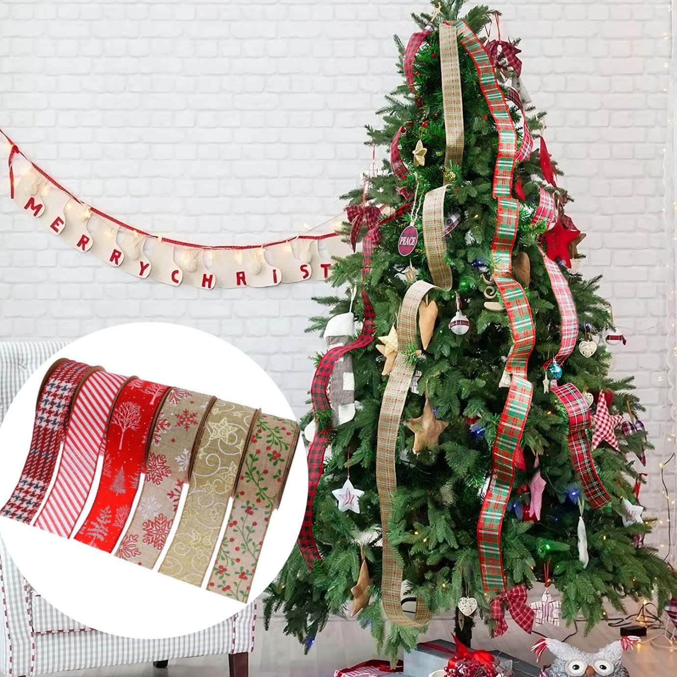 Geschenkband, Geschenkband für Weihnachten, 5 mm Sackleinen-Drahtband, Drahtkantenband, Weihnachts-Drahtband, Sackleinenband, Bauernhaus-Bastelband, DIY-Stoffband for Geschenkverpackung, Weihnachtsdek