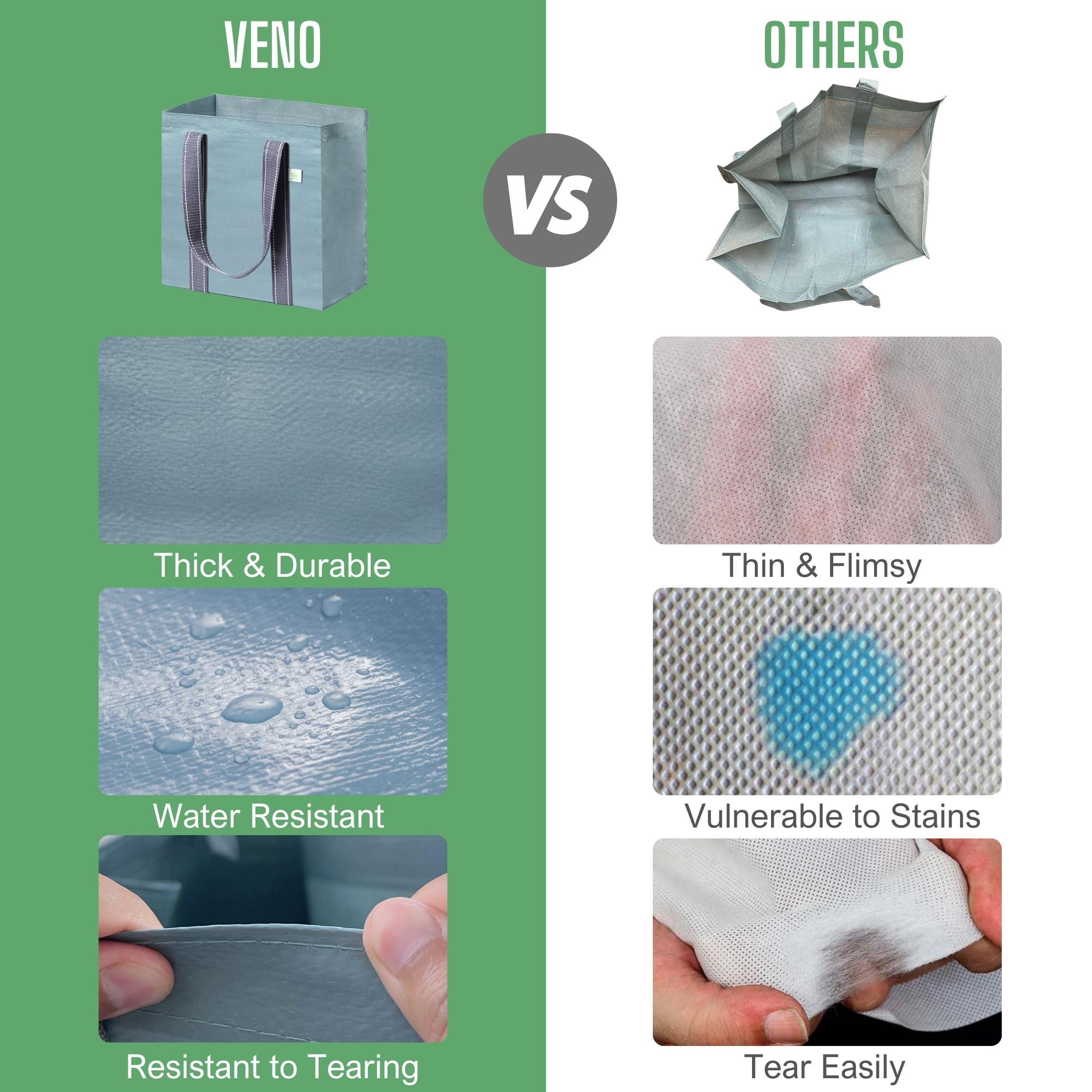 VENO 4 Pack Reusable Grocery Bags and Shopping Bags with Handles and Hard Bottom, Compact Convenience Size. Foldable, Durable - Image 4