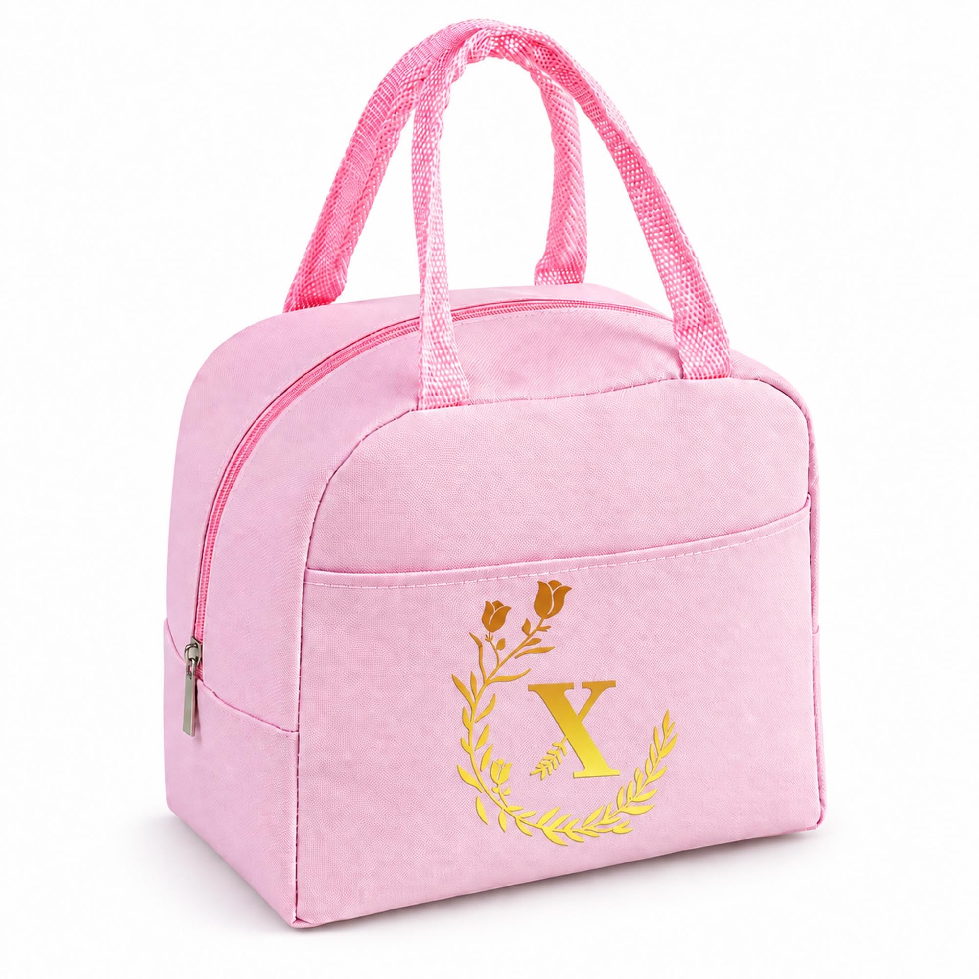 Personalized Pink Initial Letters Insulated Lunch Bag for Women Men Kids -X