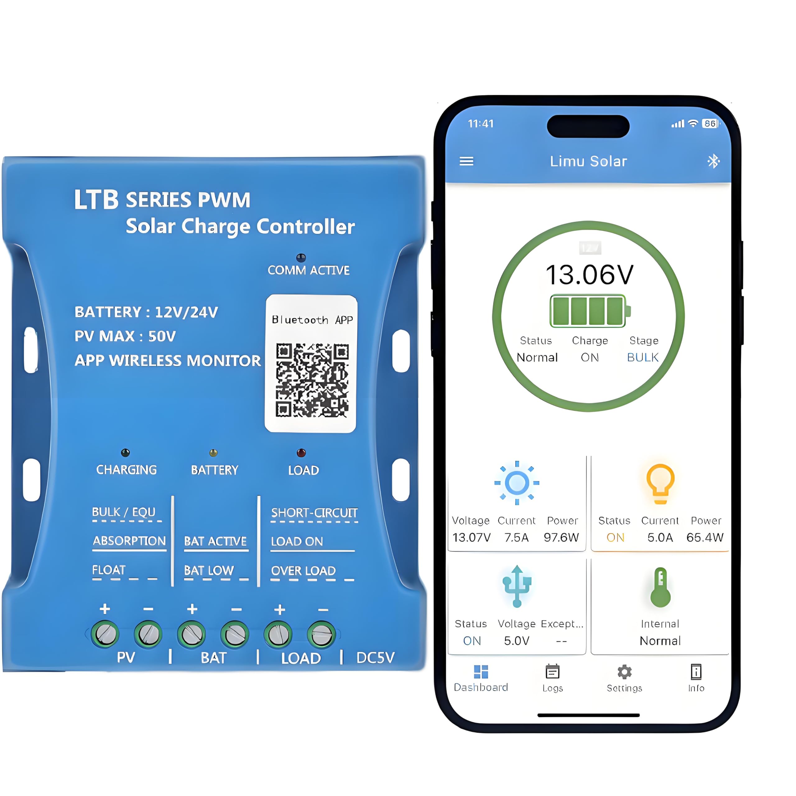 【20A Bluetooth Contrôleur de Charge】KWODE 12V/24V PWMs Régulateur Panneau Solaire Chargeur Routeur Solaire Bluetooth Intelligente Contrôleur avec 5V Port USB pour Plomb-acide, LiFePO4,Lithiu Batteries