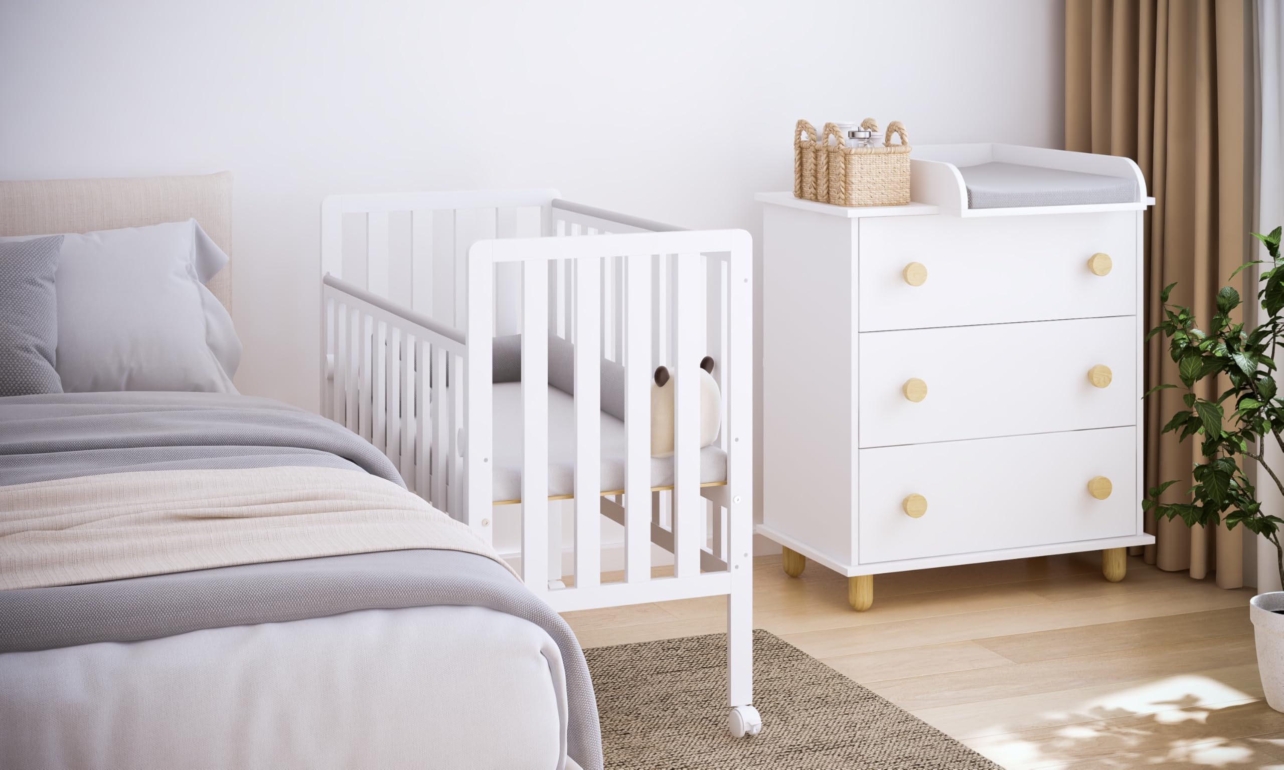 zee Bambi Cuna Colecho Bebe 100x50 cm con Ruedas Portatil Ajustable en Altura 3 Niveles Moises Bebe Convertible Estilo Escandinavo Blanca