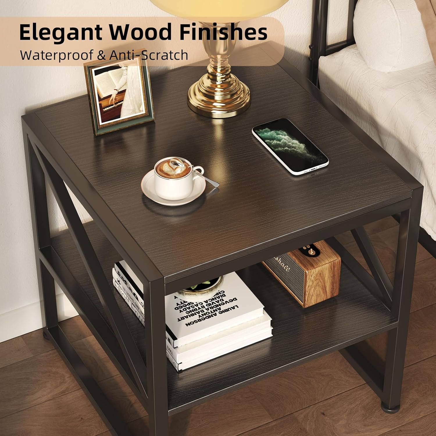 Mexin 20 Inch Square End Table, Mini Fridge Stand with 2-Tier Storage Shelf, High Load Capacity Side Table for Living Room Bedroom, Black