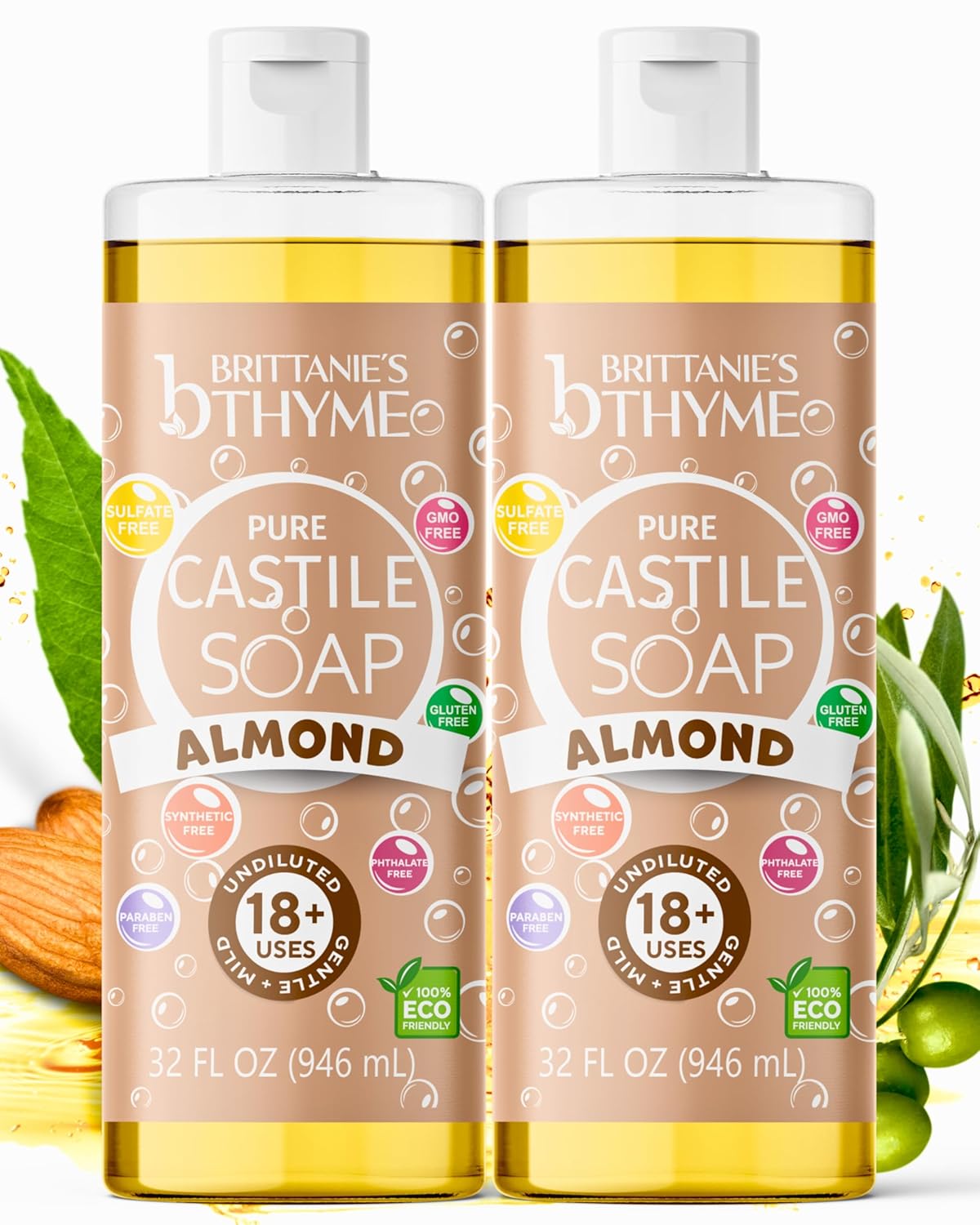 Brittanie's Pure Castile Liquid Soap Almond – 2 Pack (32oz Each) | Natural, Organic, Multi-Purpose Soap for Body, Face, Home & Pets | Vegan, Sulfate-Free, Made in USA