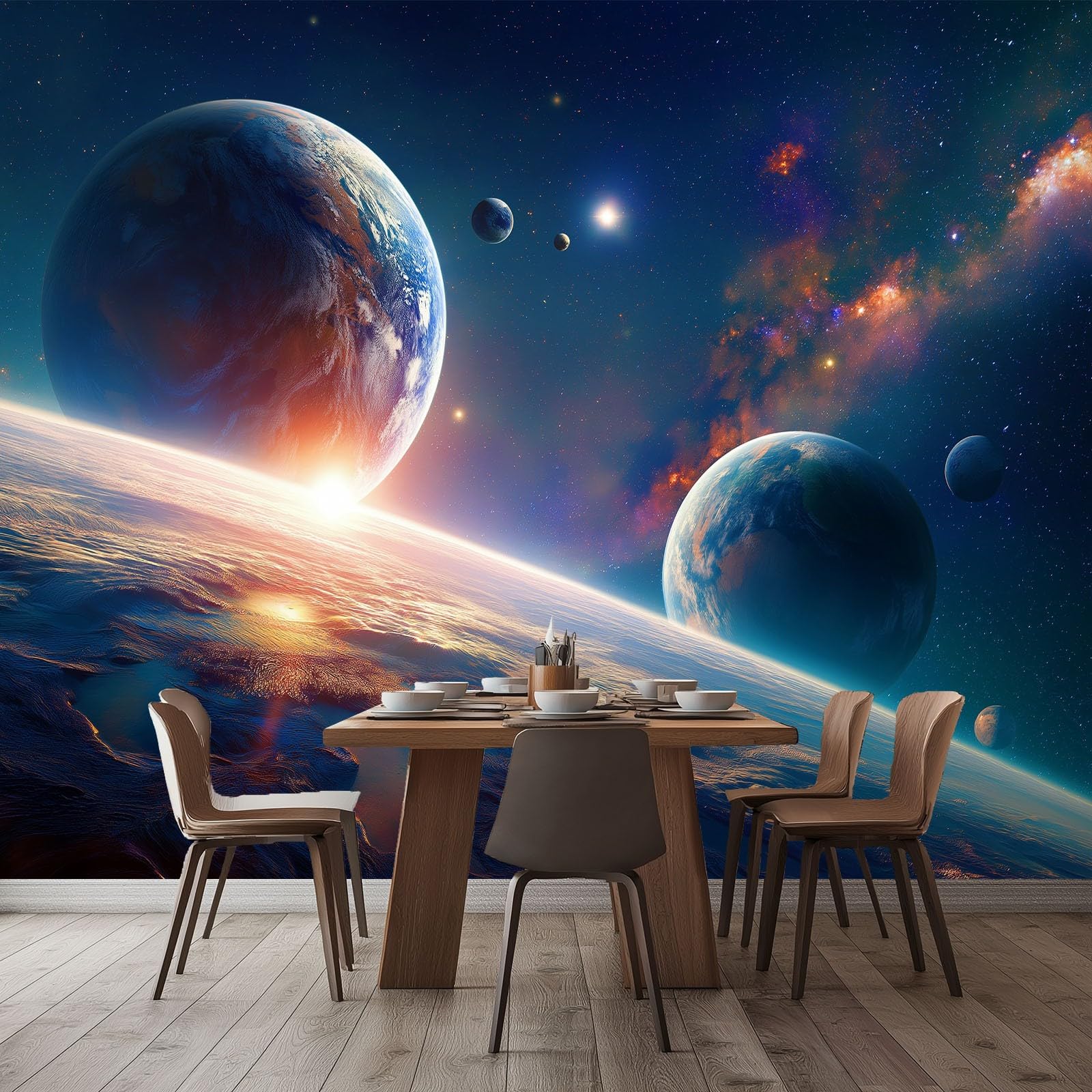 Tapeta fantastyka naukowa wszechświat, tapeta panoramiczna kosmos planeta 200 x 140 cm 3D fresk z włókniny wielokolorowy gigantyczny plakat ścienny do salonu pokój dziecięcy restauracja dekoracja