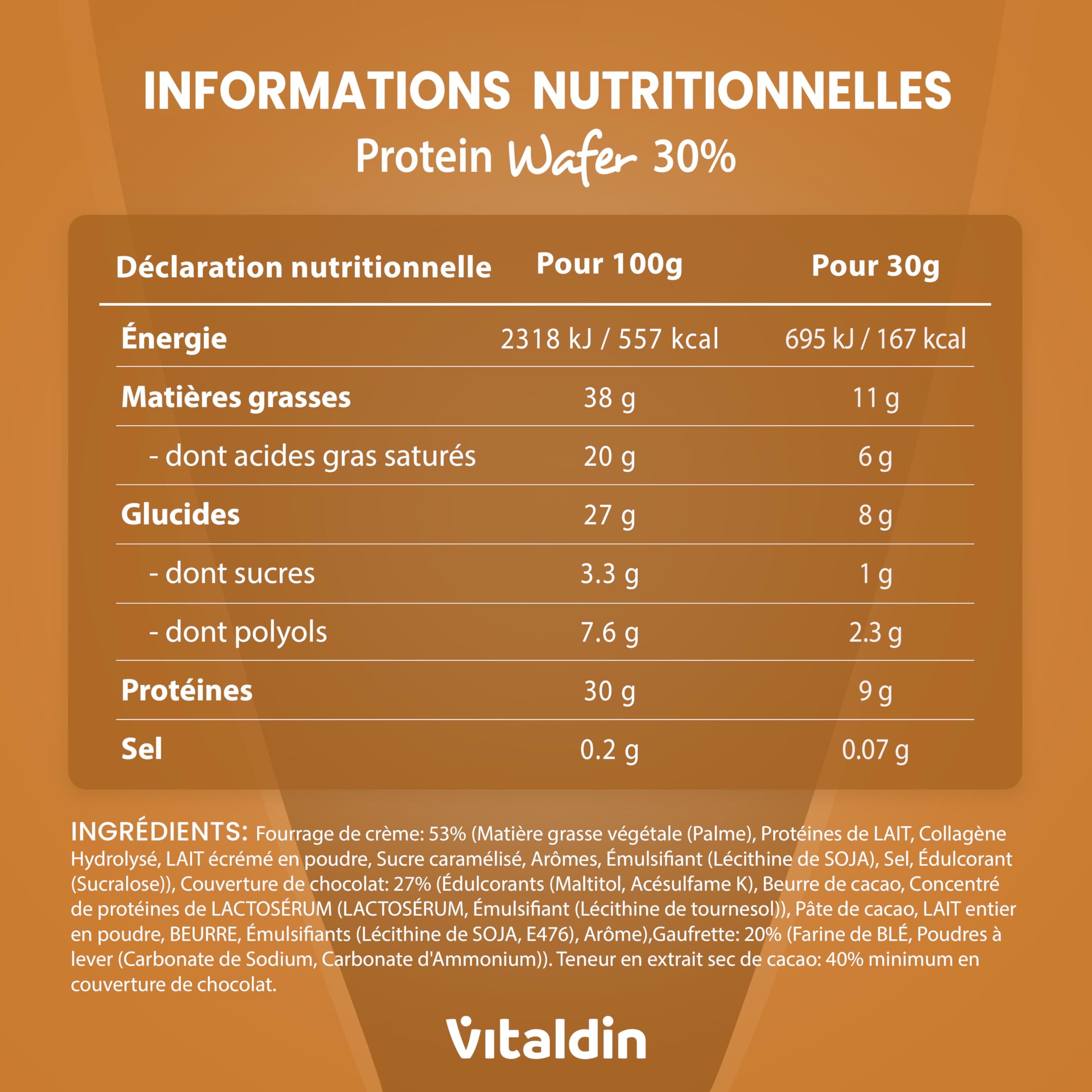 VITALDIN Protein Wafer 30% Saveur Caramel Beurre Salé| Riche en protéines | Collagène hydrolysé | Réduit en glucides | Sans sucres ajoutés | Gaufrettes protéinées | Boîte 12 unités (4×3)
