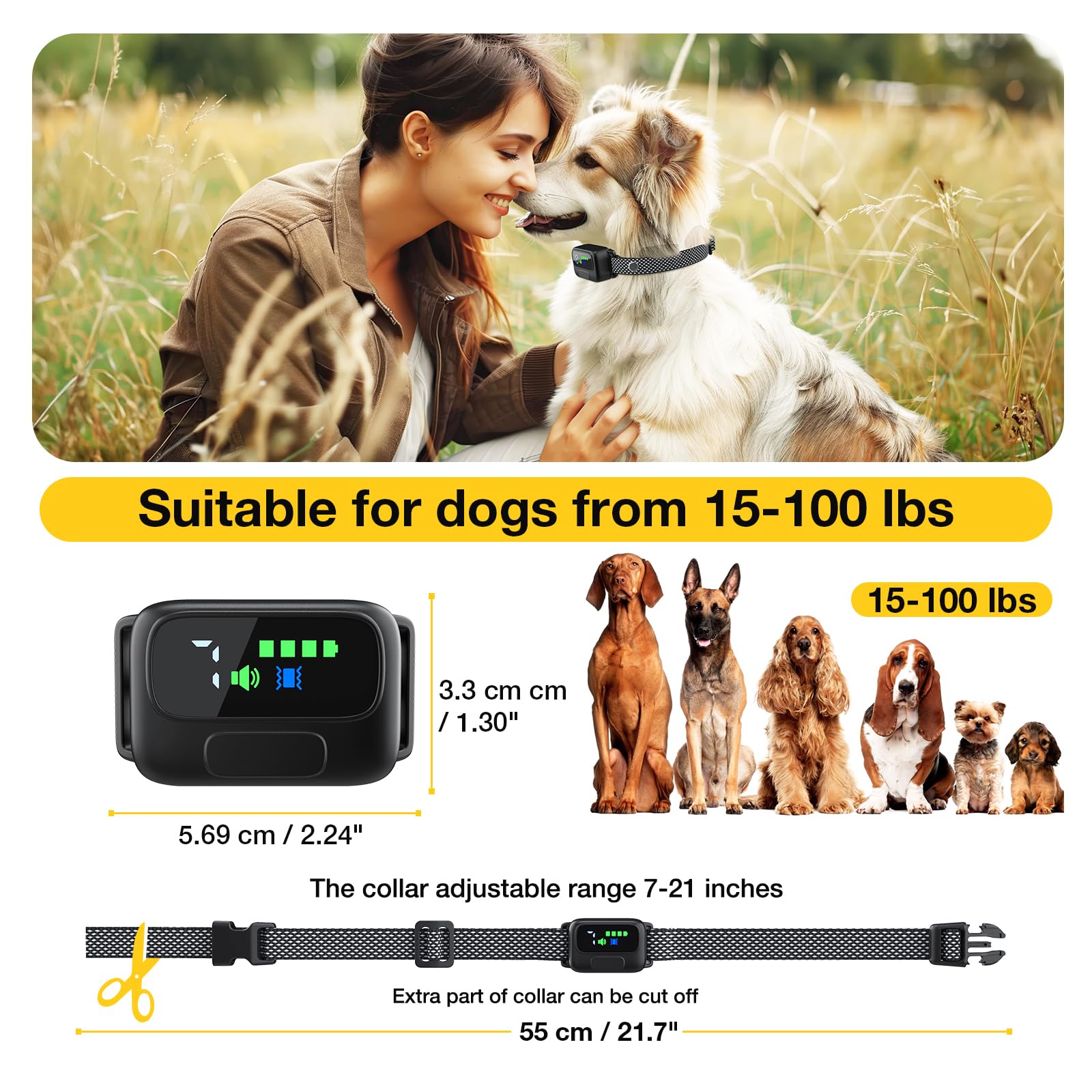 MASBRILL Collar Antiladridos Perros Recargable, Detección Inteligente de Ladridos con Vibración, Sonido, Sensibilidad Ajustables Collares Antiladridos para Perros Pequeños Medianos y Grandes, Negro