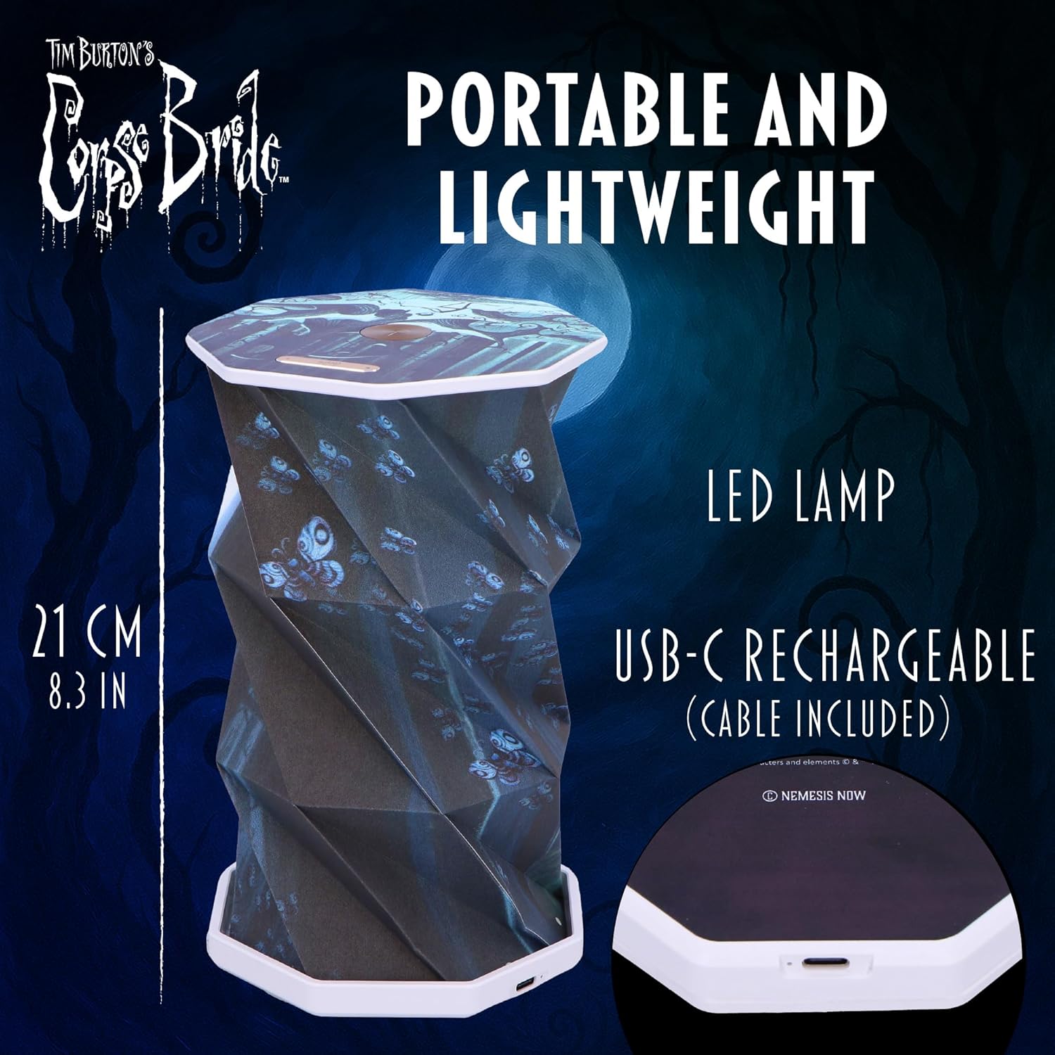 Nemesis Now Foldable LED Lamp 21 cm - Touch Activated, USB-C Rechargeable Light, Unique Fan Items, Gifts & Decor for Collectors - Corpse Bride