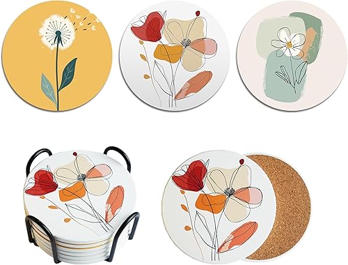 Juego de 6 posavasos bohemios con base de corcho y soporte, posavasos redondos de cerámica absorbentes estéticos para decoración de mesa, regalo de