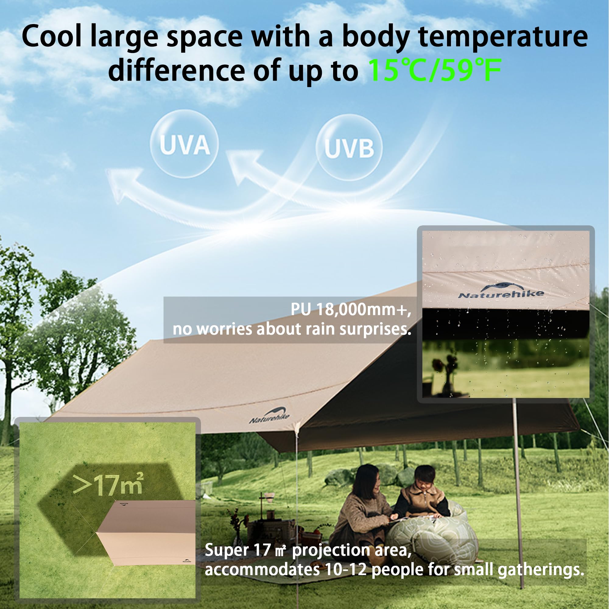 Naturehike Wodoszczelna plandeka namiotowa, ochrona przed deszczem, zadaszenie kempingowe, ochrona przed promieniowaniem UV, LSF 2000+, schronienie na kemping, wędrówki, podróże z plecakiem