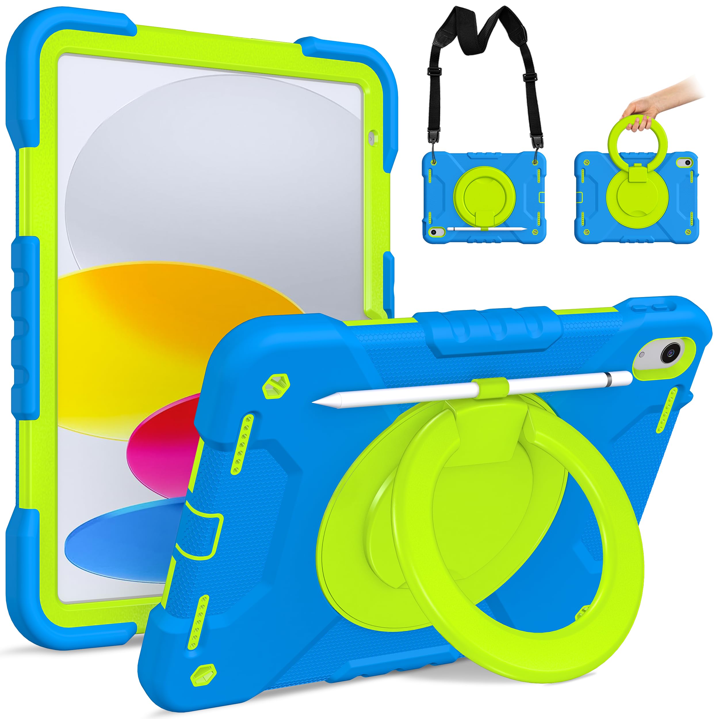 Andnary Case for iPad (A16) 11th Generation 11 inch 2025/10th Generation 10.9 inch 2022, Heavy Duty Shockproof Cover with 360° Rotating Handle/Bracket/Pen Holder/Shoulder Strap, Blue+Green