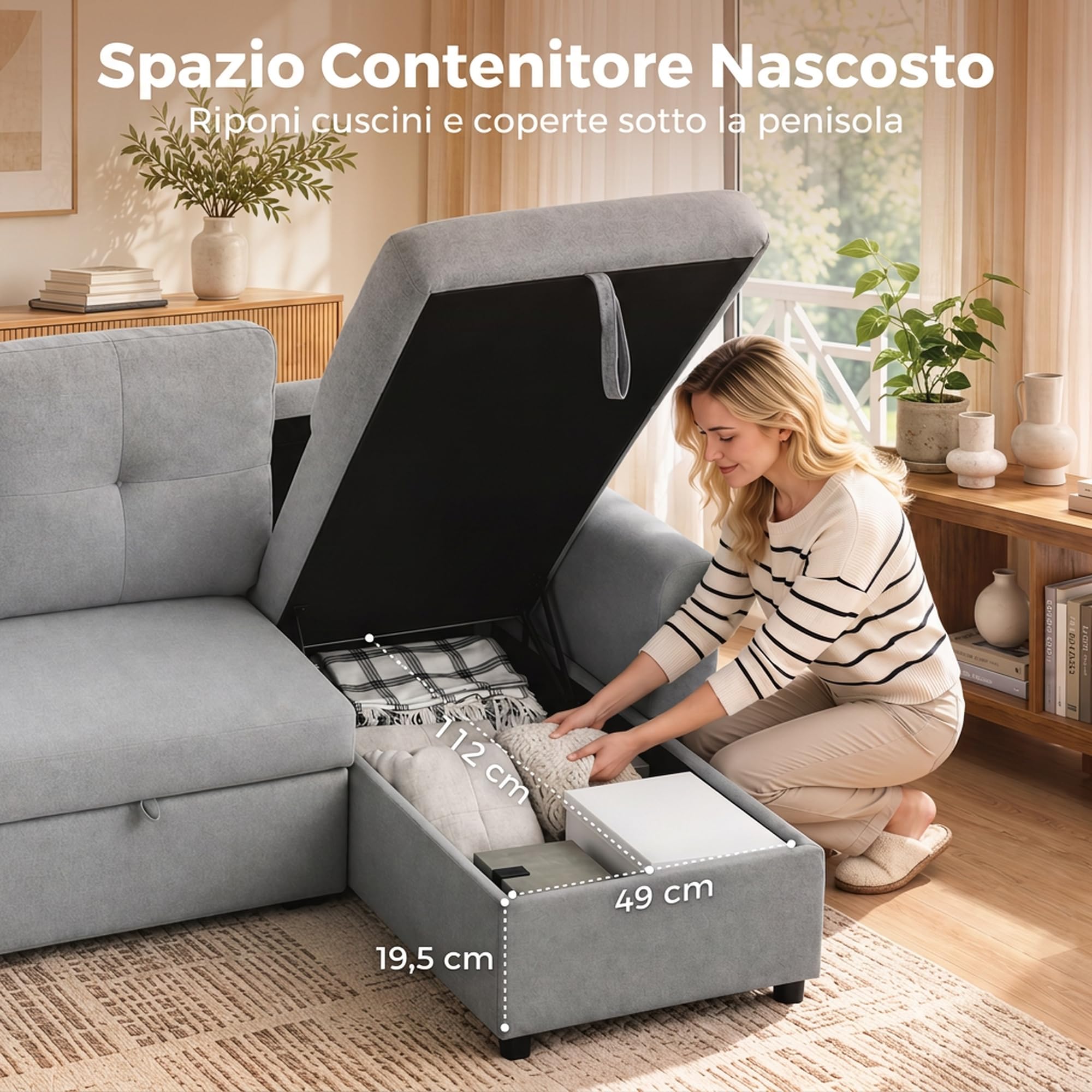 HOMCOM Divano Letto 3 Posti Estraibile con Chaise Longue Convertibile