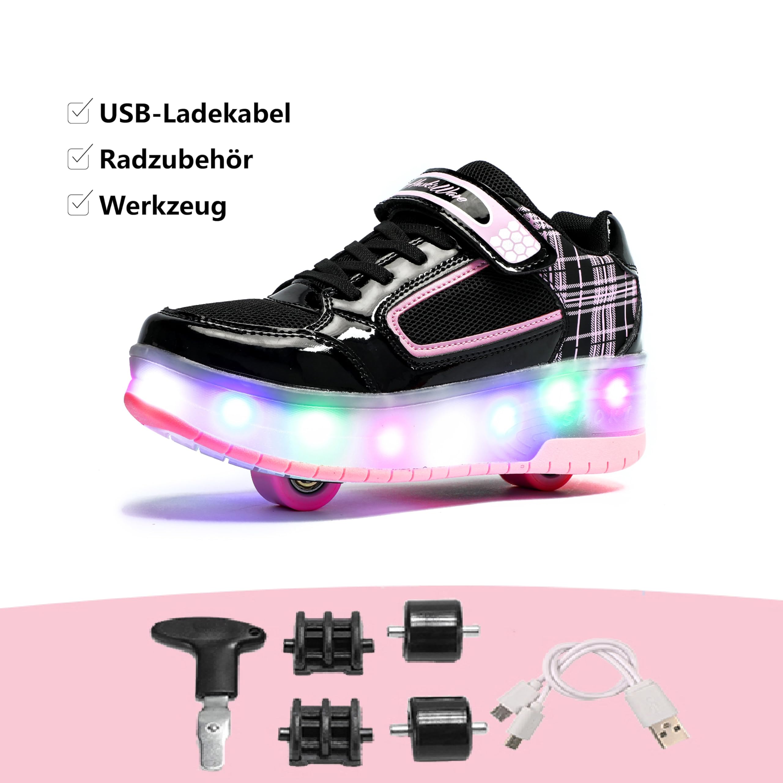 HUSKSWARE Kinder Rollschuhe mit LED Blinkrädern & USB-Aufladung, abnehmbare Rollen, Turnschuhe für Mädchen und Jungen