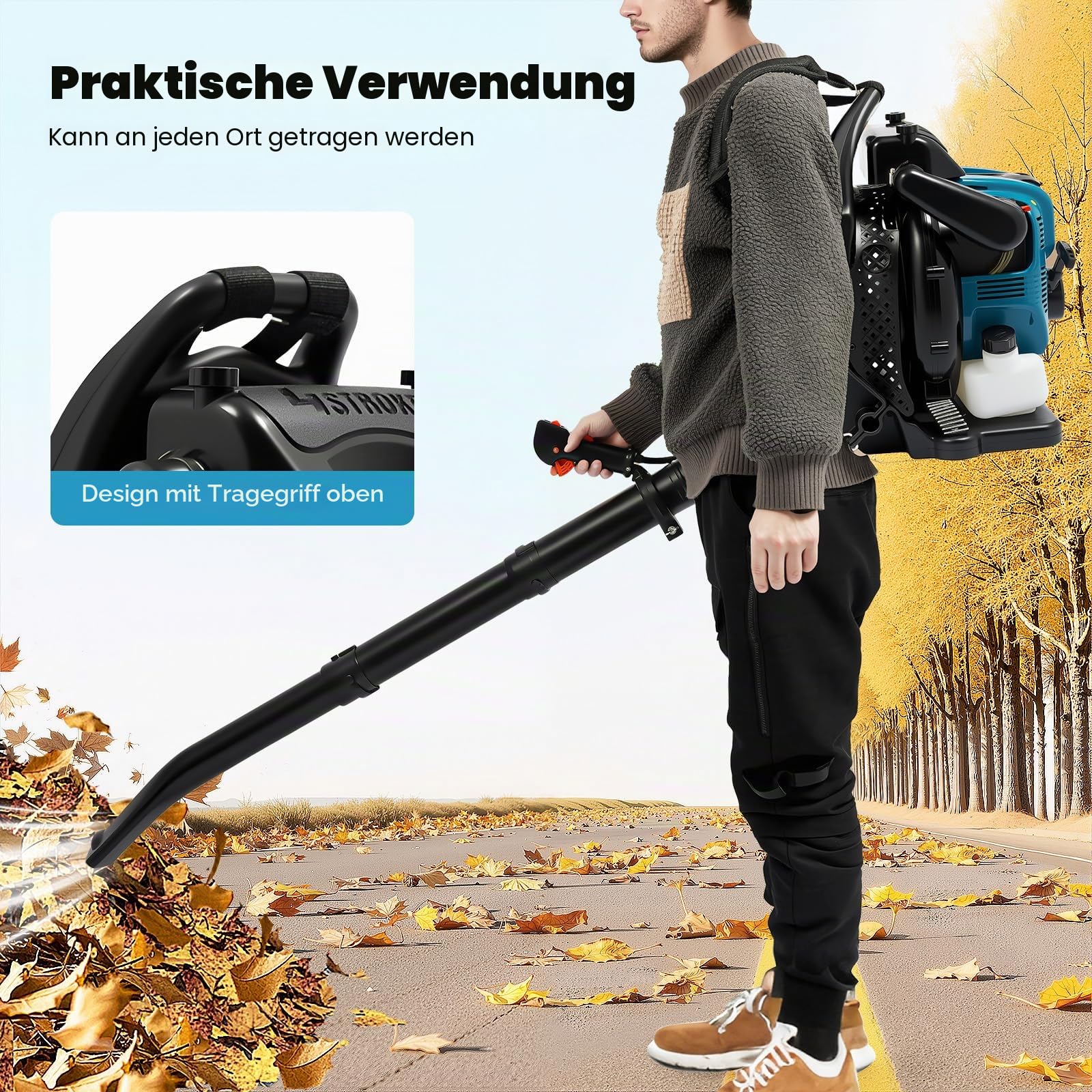 75.6cc 4-Takt Rucksack Benzin Laubbläser, 2600W Rucksackgebläse mit 498CFM Luftvolumen, Benzin Gebläse Laub Sauger, Leistungsstarke Rucksack Blatt Luftgebläse für Garten, 7000 U/min