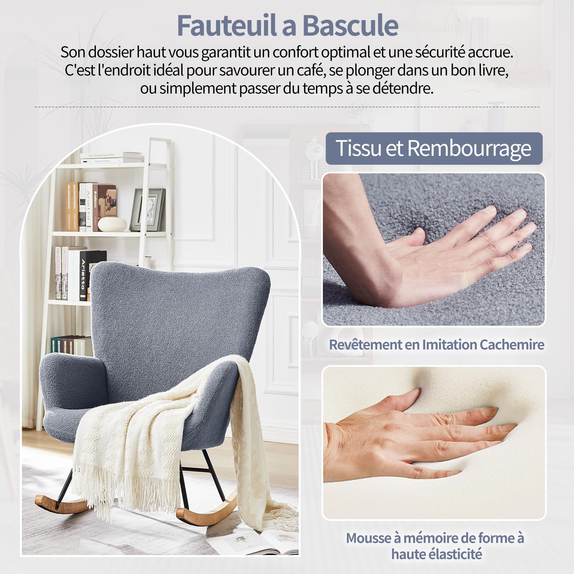 VECELO Fauteuil à Bascule Allaitement Moderne en Tissu Bouclé, avec Dossier Haut, Accoudoirs et Poche, Structure en Acier, Pieds en Bois Massif, pour Chambre, Salon