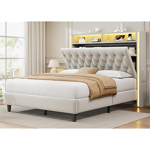 Queen Bed Frame with 53" Tall Headboard, Velvet Upholstered Bed Queen Size with 2-Tier Storage Headboard and Sleek Vertical LED Light, Charging Station, Sturdy & Easy to Assemble, Cream White