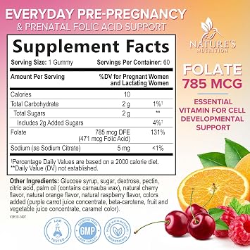 Folic Acid Gummies - Essential Prenatal Vitamins for Women - Daily Folate Vitamin B9 for Mom & Baby Development Support - Before During & After Pregnancy, Natural Orange & Cherry Flavor - 60 Gummies