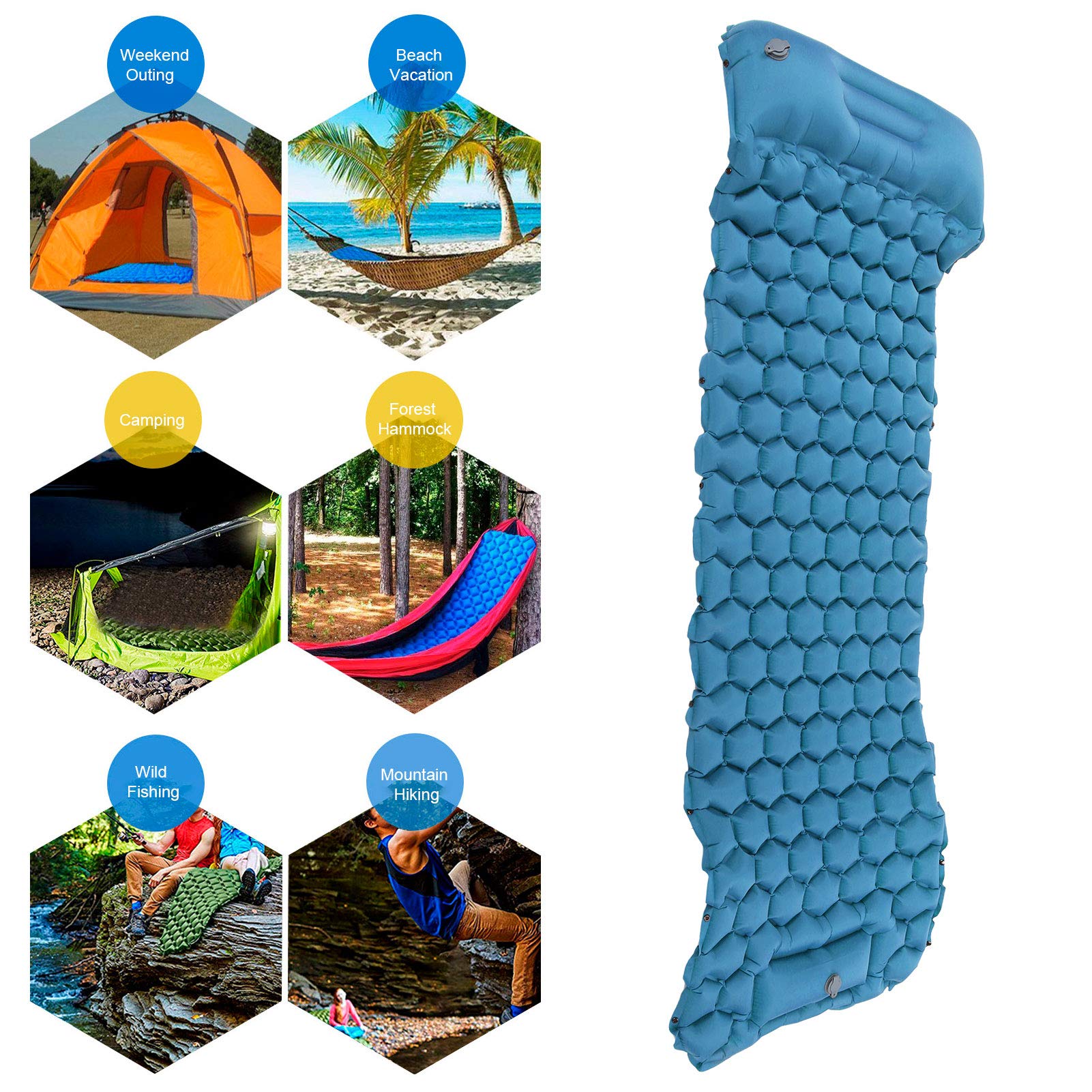Tappetino da Campeggio Air Sleeping Pad - Pad Gonfiabile Leggero da Viaggio con pressa a Pedale per Escursioni in Viaggio(Blu Pavone)