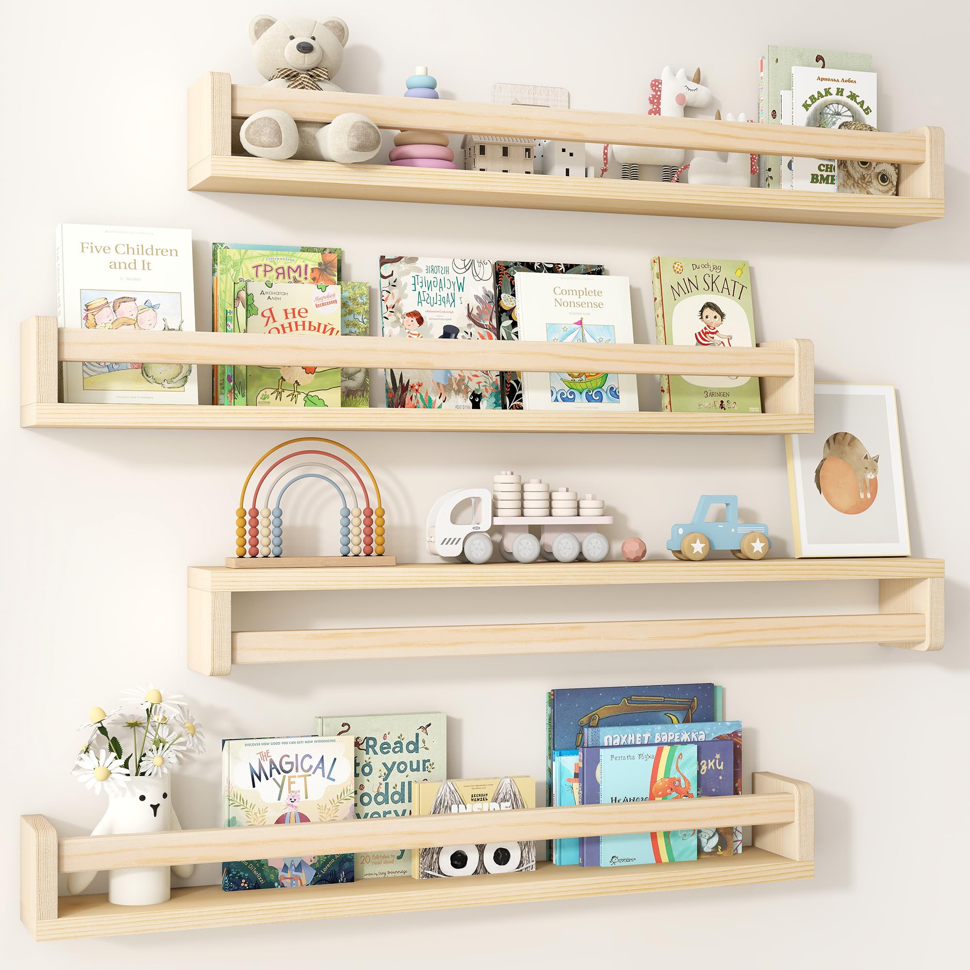 Fun Memories Nursery Book Shelves Set of 4, 81 cm Solid Wood Wall Book Shelves, Kids Room Floating Shelves Organizer & Toy Storage, Natural Nursery Decor