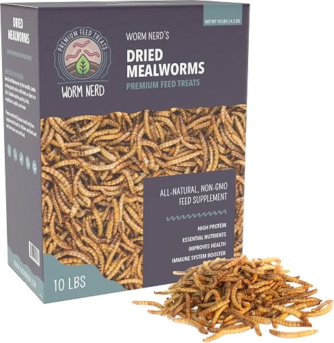 Worm Nerd WN61 10LB Dried Mealworms Non-GMO High Protein and Fiber Treat for Chickens, Birds, Reptiles, Amphibians, Fish., 10 Pounds.