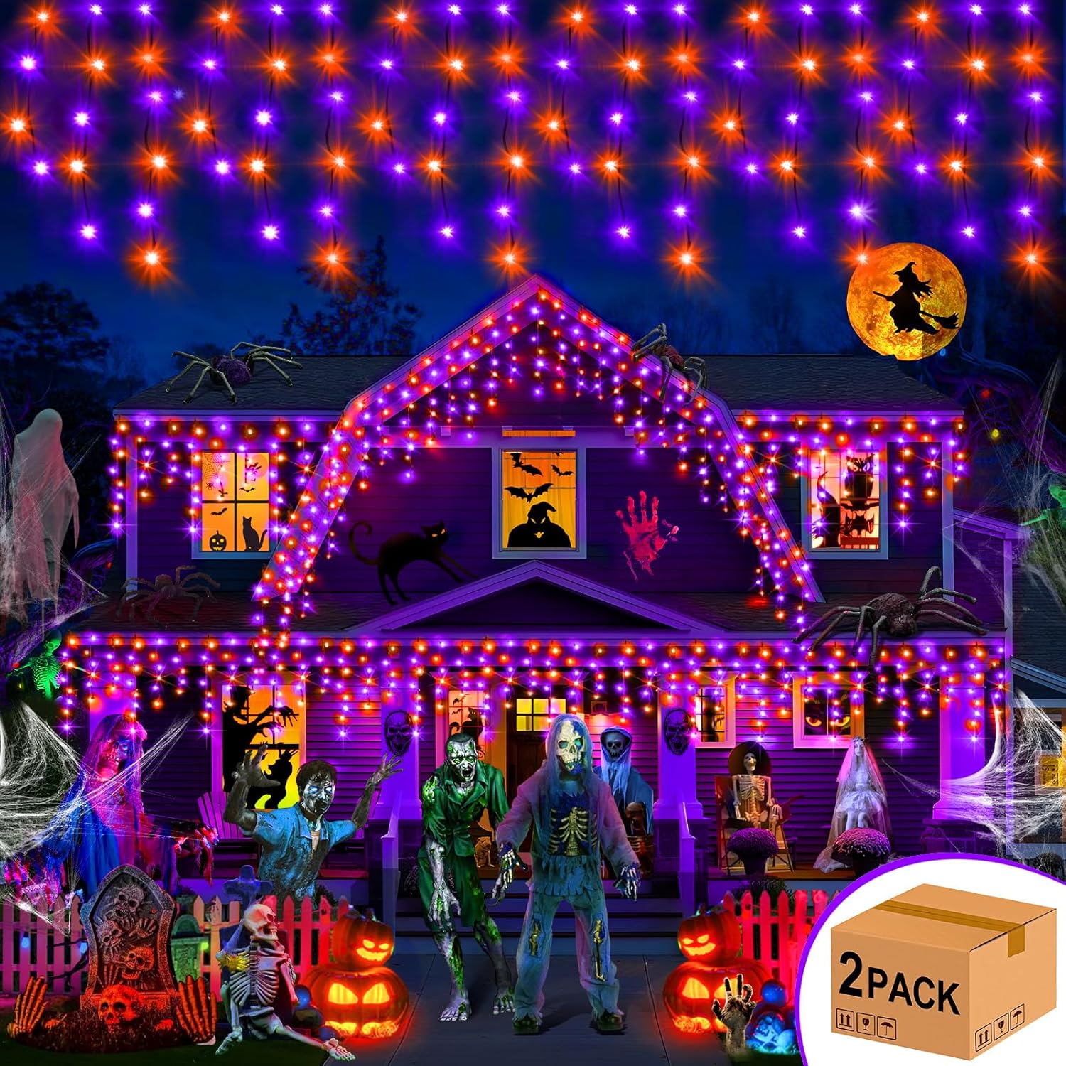 Hezbjiti 2 Pack 800LED Purple & Orange Icicle Lights - 32.8FT String Lights, 8 Modes, 75 Drops, Fairylights for Eaves, Party, Yard, Garden & Halloween Decor