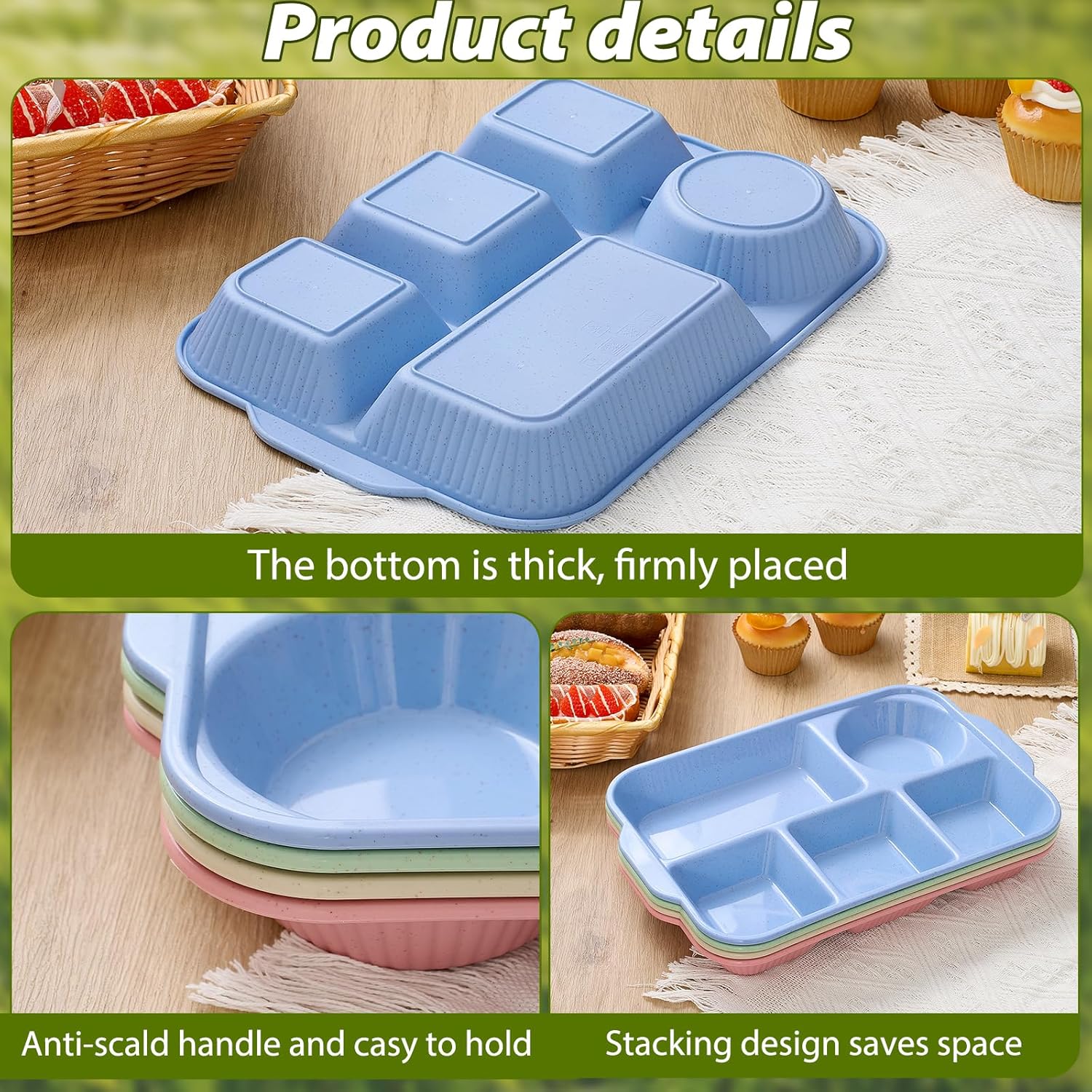 Pinkunn 8 Pcs 13'' Large Divided Plates Unbreakable Wheat Straw Dinnerware Lunch Trays Lightweight Reusable Plastic Compartment Microwave Dishwasher Safe Separator Plates(Stylish)