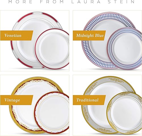 Miniatura 7 de Laura Stein - Platos desechables de plástico pesado de alta calidad con borde azul y dorado para fiestas y bodas, platos desechables de la serie