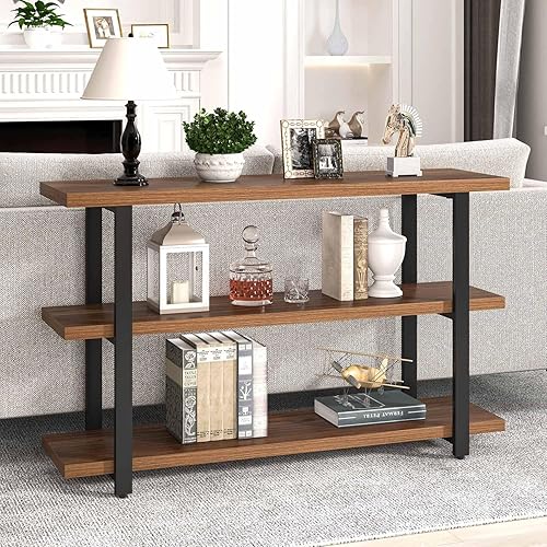 Miniatura 5 de FOLUBAN Mesas de consola para entrada, moderna mesa de sofá de madera y metal con estantes de almacenamiento para sala de estar, pasillo, entrada o
