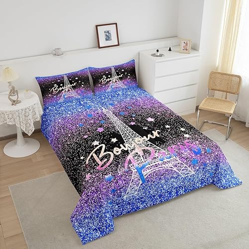 Miniatura 3 de Feelyou Juego de ropa de cama de la Torre Eiffel con purpurina azul y morado, juego de edredón pastel para niños y niñas, edredón de París, juego de