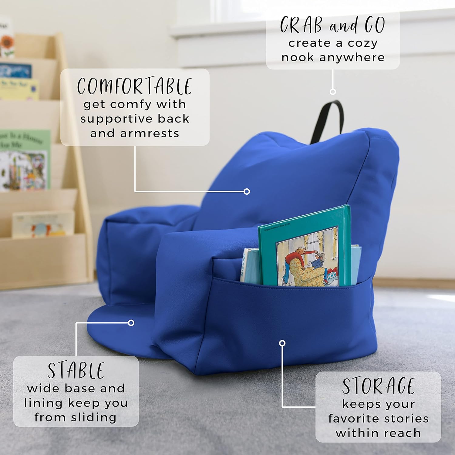 FDP SoftScape Relax-N-Read Bean Bag Chair with Supportive Back Rest and Storage Pockets, Flexible, Portable, Alternative Seating for Toddlers, Preschoolers, and Kids - Blue, 10475-BL