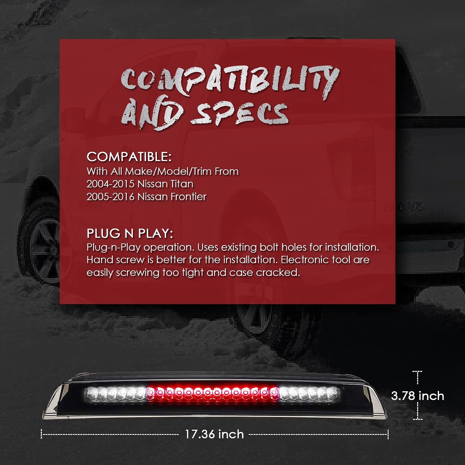 High Mount 3rd Stop Light Compatible with 2004-2015 Nissan Titan, 2005-2016 Nissan Frontier Third Center Cargo Reverse Rear LED Brake Light Bar Taillight (Black Smoke)