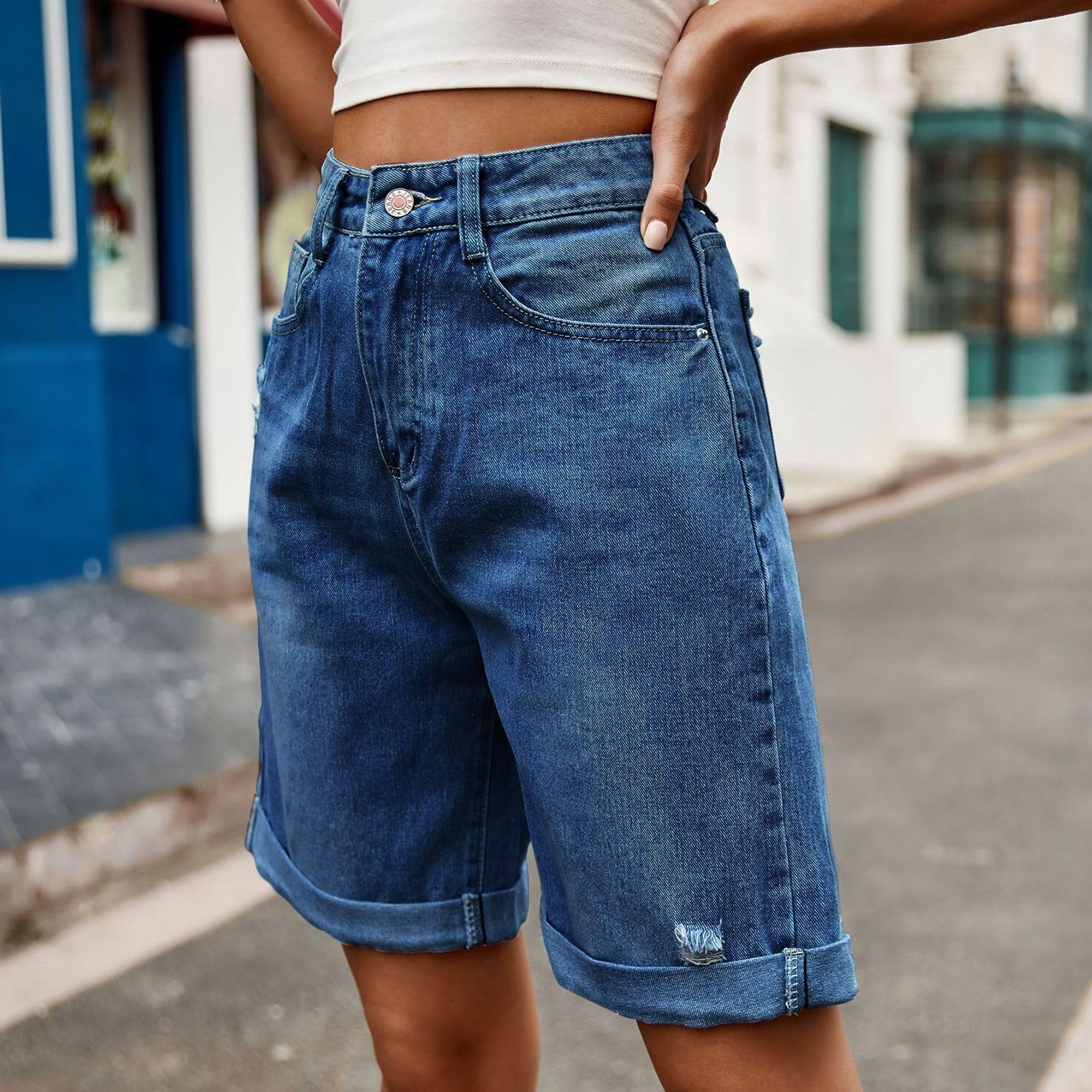 Short in Jeans Donna Bermuda a Vita Alta, Gamba Ampia, Risvolto, Cinque Tasche, Chiusura Bottone Zip, Casual