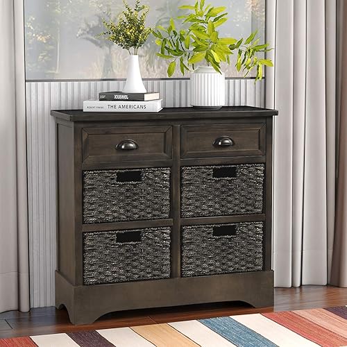 Miniatura 10 de Knocbel Armario de almacenamiento con 2 cajones y 4 cestas de ratán, mesa auxiliar de sofá rústica de 28 pulgadas con gran espacio de almacenamiento