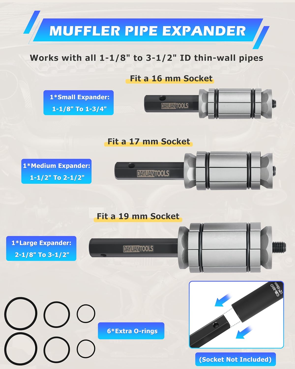 DAYUAN Upgraded 3Pcs Exhaust Pipe Expander Tool Set 1-1/8'' to 3-1/2'' | Hot Forging Steel, Tail Pipe Spreader Kit, Compatible with Most Vehicles and Trucks, Blue Case