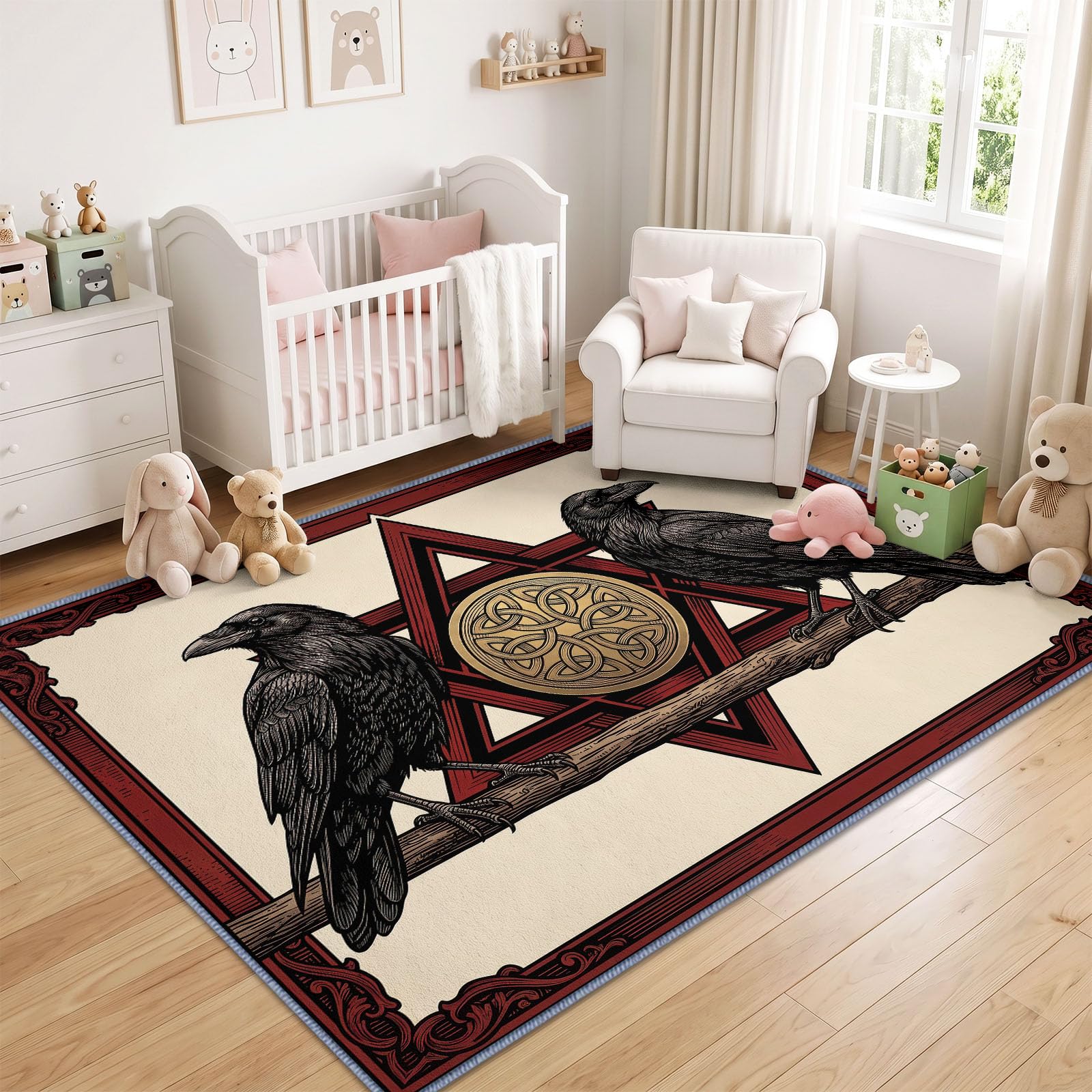 140 x 200 cm Tapis Antidérapant de Salon Fantaisie Animaux Corbeau Hexagone, Beige Grand Tapis à Poil Ras Doux Lavable en Machine avec Motif Imprimé pour Chambre Enfant Chambre Salle à Manger