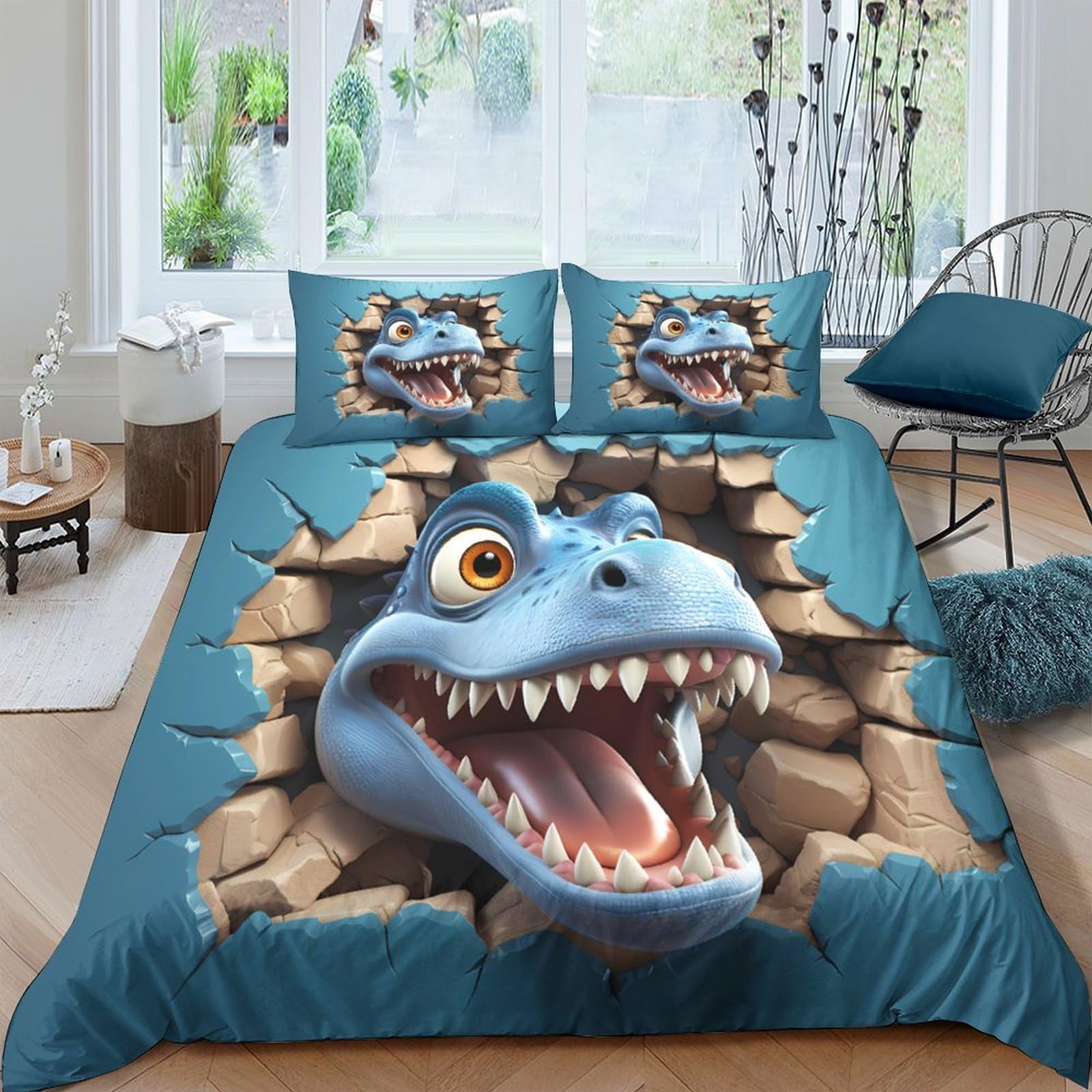 Ctjqhvkz Style-3 3D Printed Cartoon Dinosaur Fitted Sheet Microfiber Blue Cracked Wall Bed Cover Non-Slip Washable Bedroom Decor Single（135X200cm）