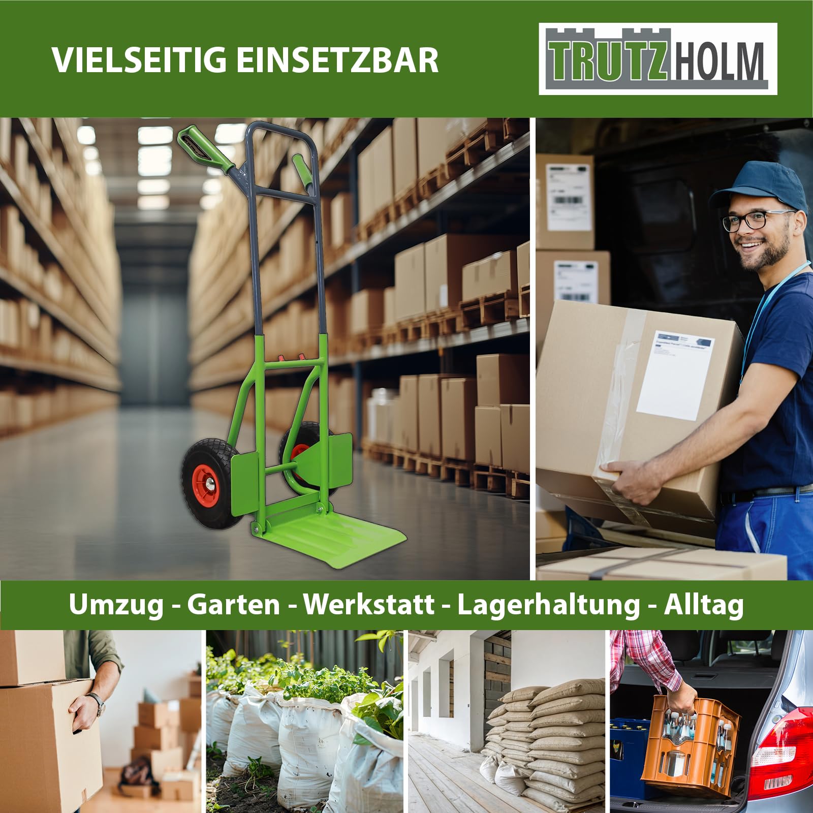 TRUTZHOLM Sackkarre pulverbeschichteter Stahl Tragkraft 200 kg 112,5 cm Höhe große klappbare Ladefläche 29x29 cm pannensichere Vollgummiräder ergonomische Sicherheitsgriffe mit Handschutzbügel