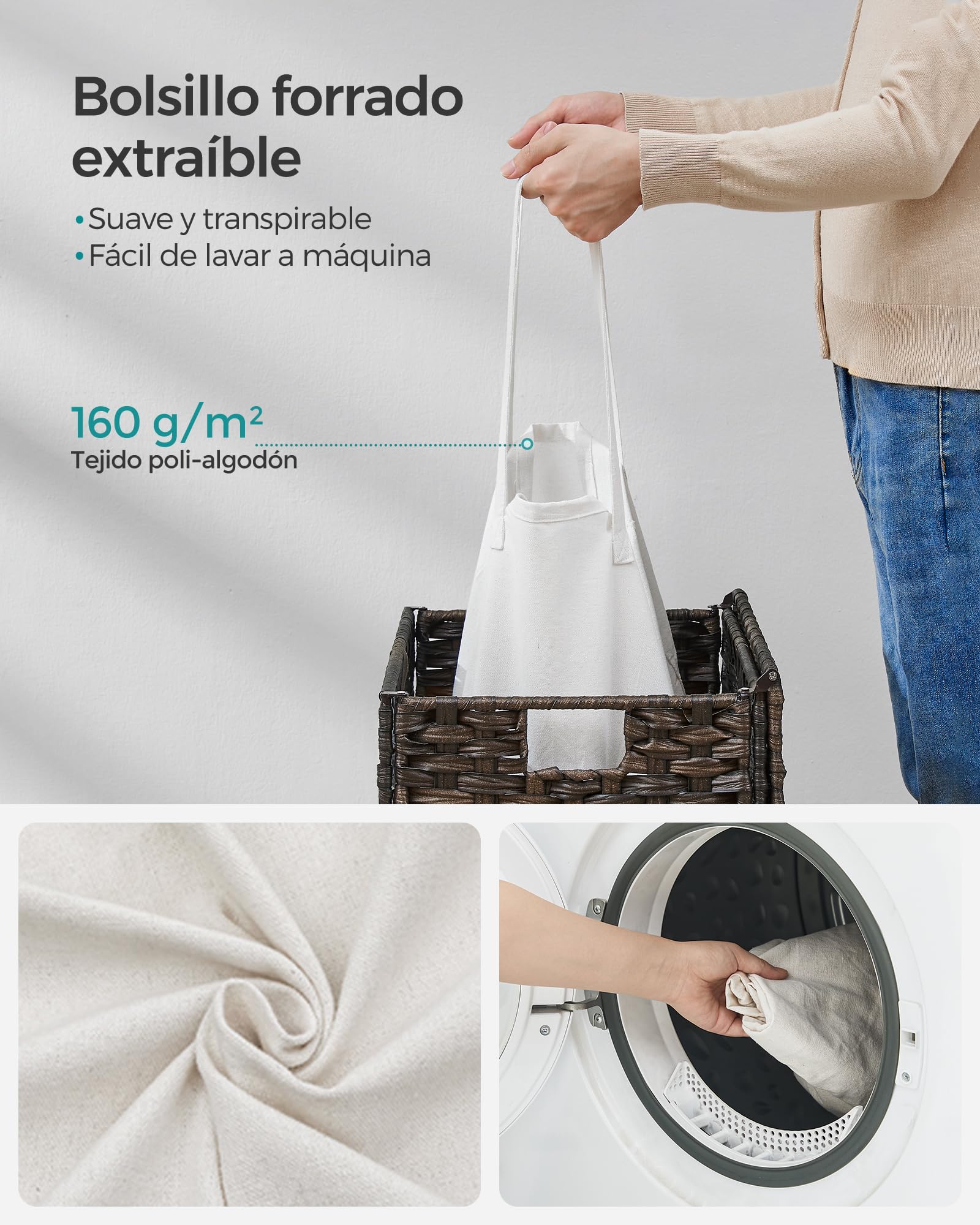SONGMICS Cesta de Almacenamiento, Cesta de Lavandería de 90 L con Tapa, Plegable, Bolsas de Tela Extraíbles y Asas, para Mantas, Ropa, Salón, Dormitorio, Lavadería, Marrón LCB051K02