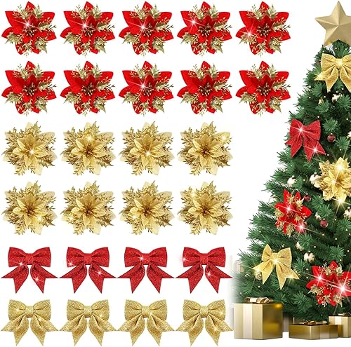 Bencailor 36 piezas de flores de Pascua artificiales de Navidad de nochebuena artificiales, flores rojas y doradas, decoraciones de lazo de Navidad,