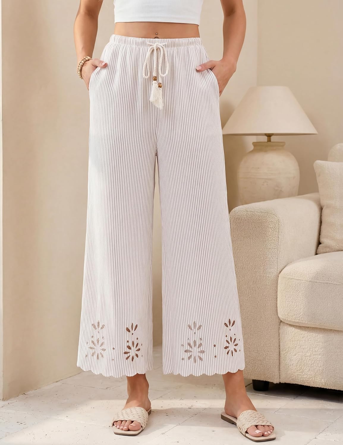 Blooming Jelly Womens Striped Wide Leg Pj Bottom High Waisted Pajama Pants Flower Cutout Palazzo Trousers with Pockets