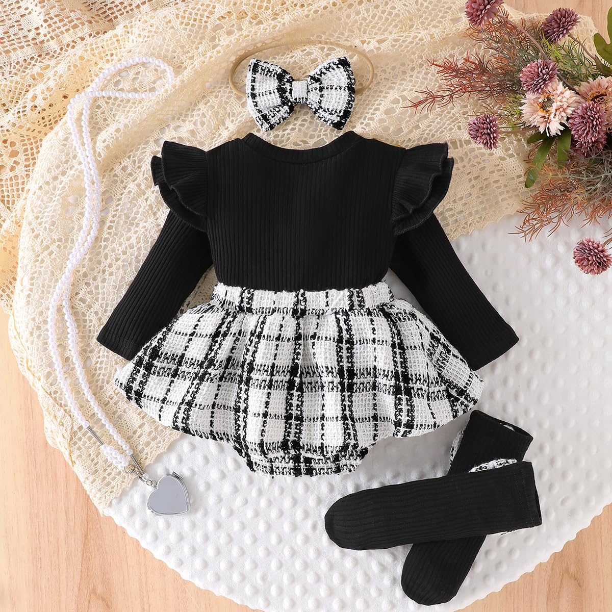 Baby Mädchen Outfits Kleinkind Ruffle Strampler Langarm Bodysuit+Stirnband+Socken Neugeborenes Jumpsuit Set
