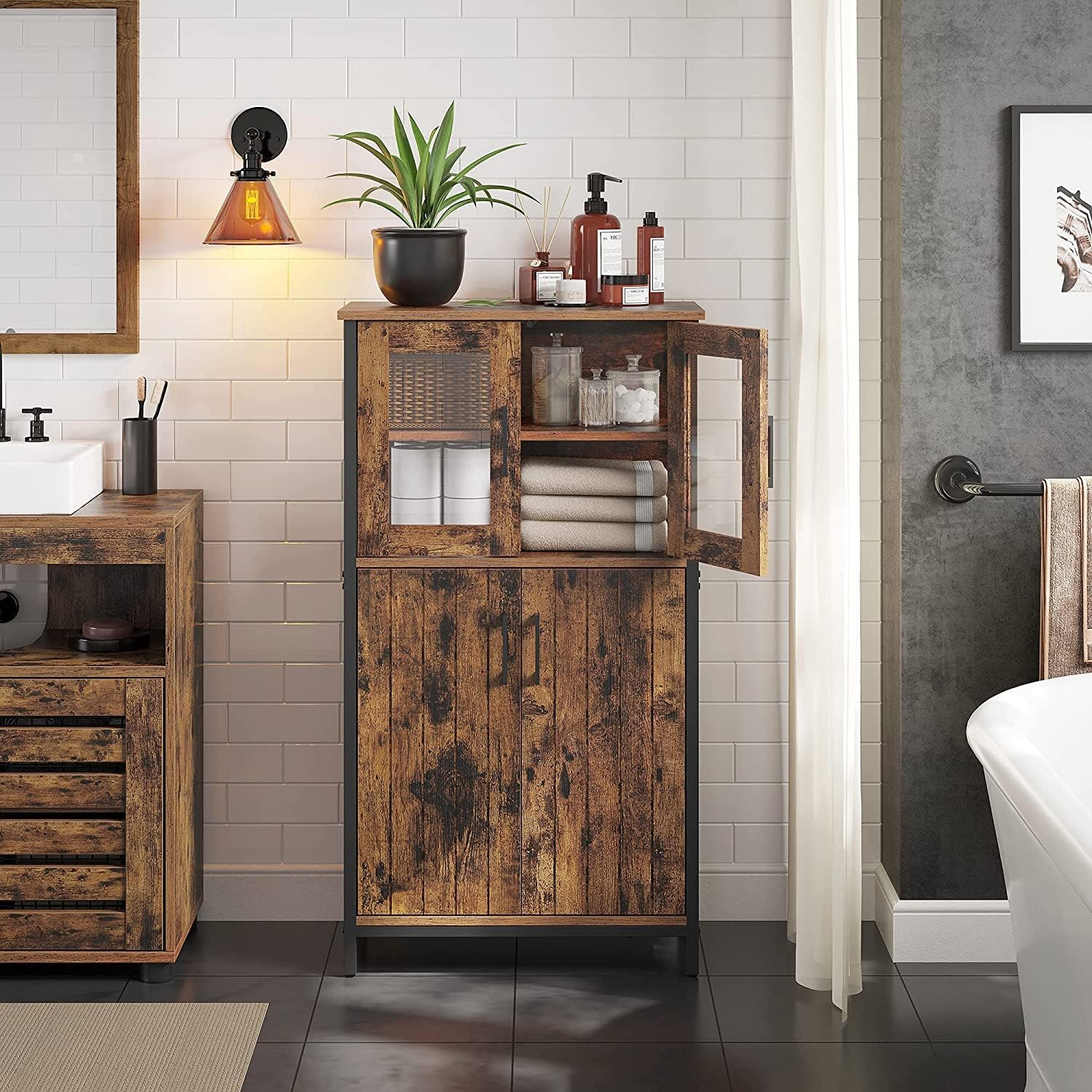VASAGLE Pantry Cabinet, Storage Cabinet with Door and Adjustable Shelf, for Living Room Kitchen, Industrial Style, Rustic Brown and Black ULSC260B01