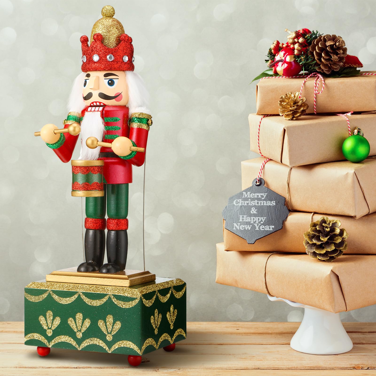 Jetec Boîte à musique casse-noisette en bois faite à la main - Figurine casse-noisette de Noël à remonter - Boîte à musique de Noël pour cadeau de décoration d'intérieur (style roman)