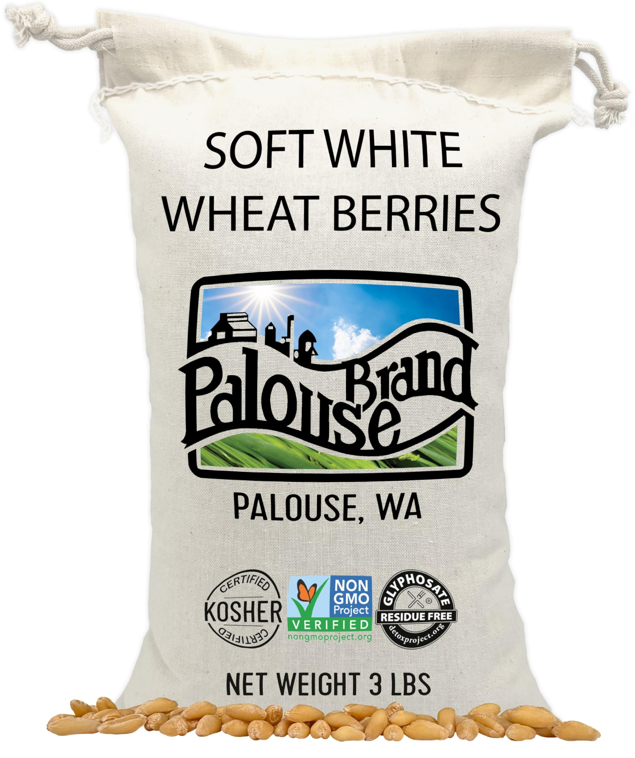 Palouse Brand Certified Glyphosate Residue Free Soft White Wheat Berries | 3 LBS | Family Farmed in Washington State | Non-GMO Project Verified | Kosher | Field Traced