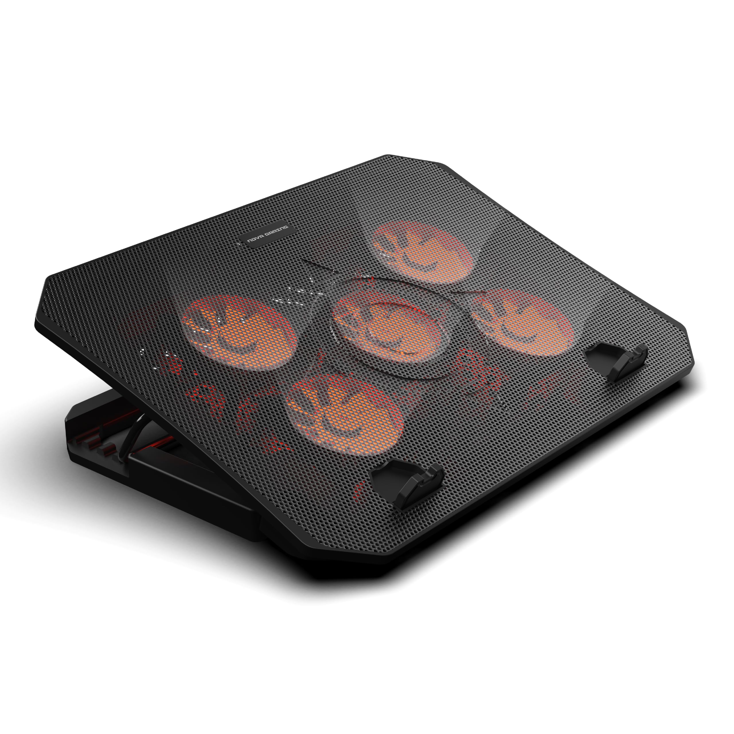 Nova Gaming - GA115 Urano - Soporte ventilado Gaming - 5 Ventiladores Silenciosos, Posición Ajustable, 2 Puertos USB, Patines Antideslizantes, LED Naranja - Compatibilidad con PC Portátil 16''
