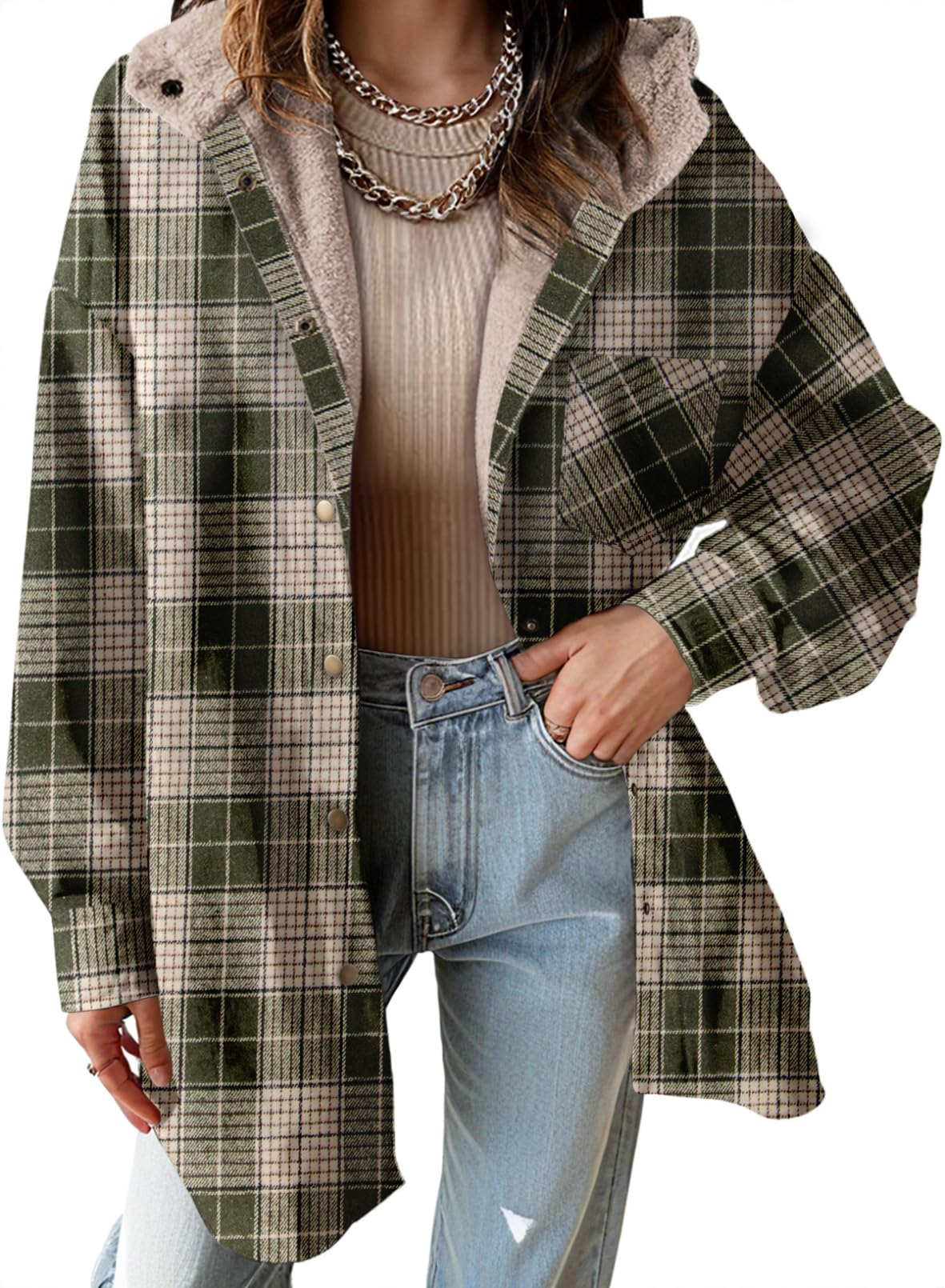 DokotooWomen's Flannel Hooded Plaid 2025 Shacket Thick Coat Winter Coat for Warmth Button down Warm and Fuzzy Fleece Jacket