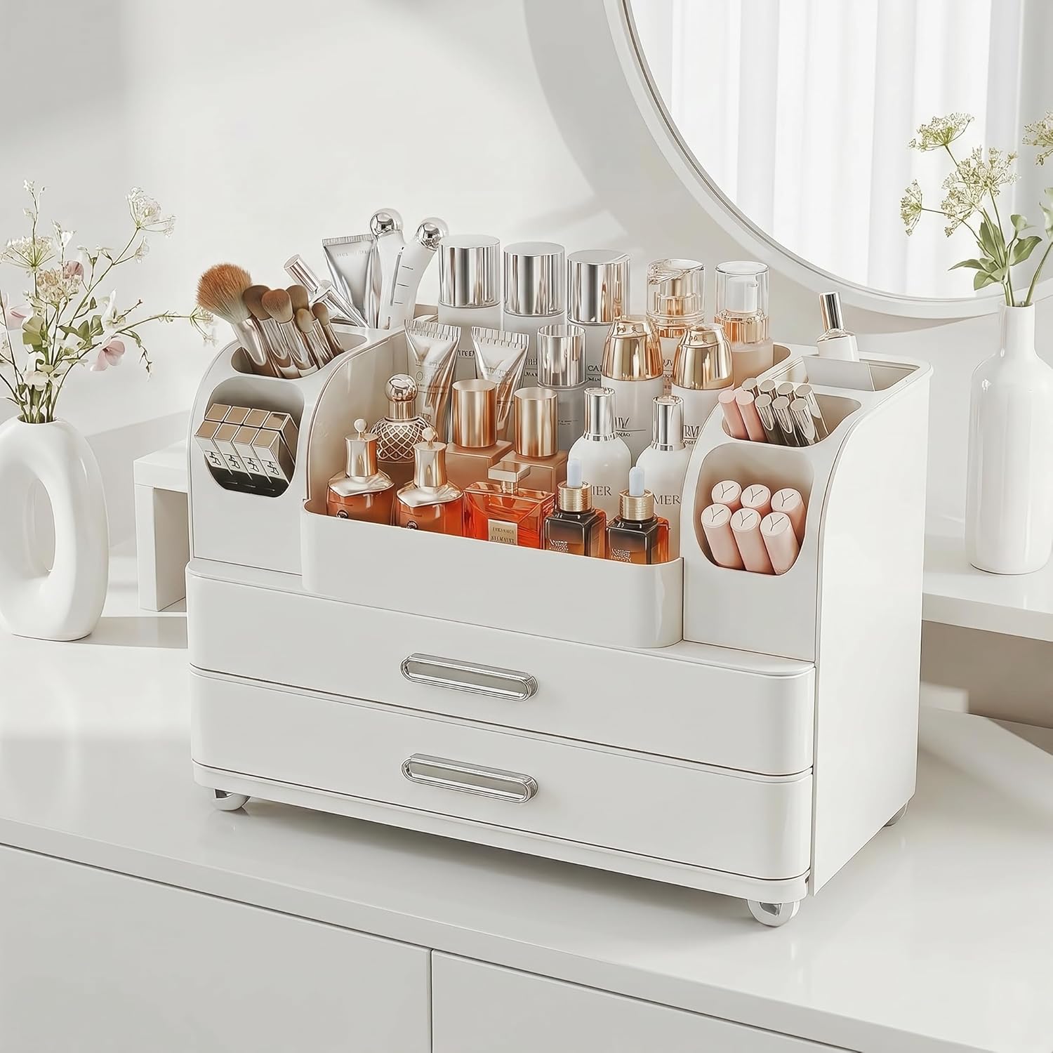 Makeup Organizer with 2 Drawers, Cosmetic Display Case, Storage Holder for Vanity, Bathroom Counter, Desk, Beauty Supplies (All White)