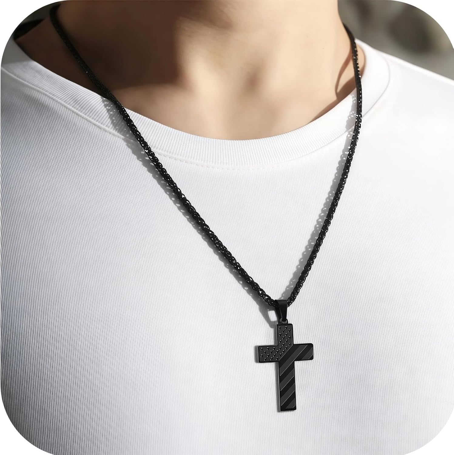 2Pcs Cross Necklace for Men & Women, Stainless Steel Silver/Black Cross Pendant Chain, Catholic Baptism Gifts for Men Jewelry Box Included - Image 3