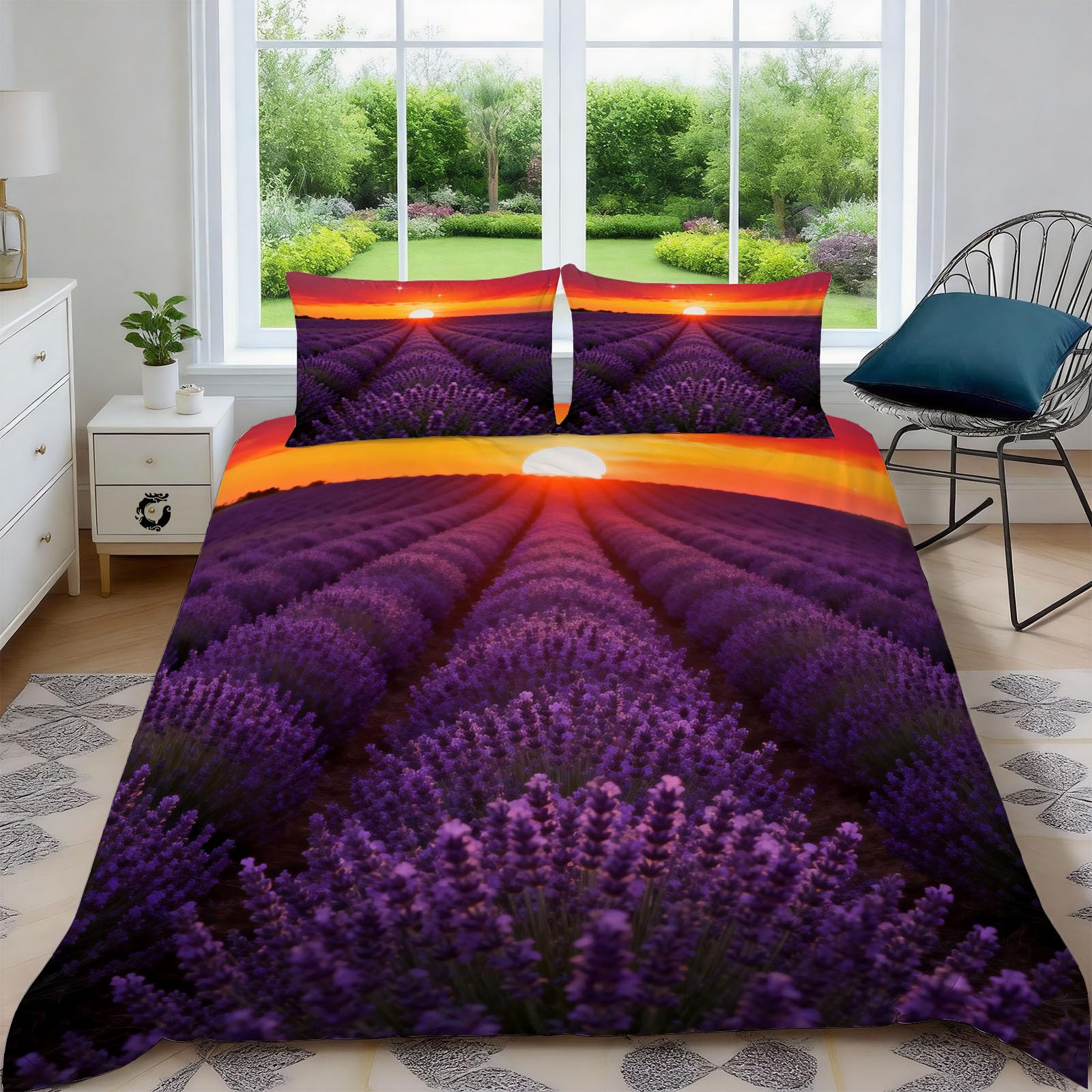 Generisch Lavendel Muster 3 Teilig Bettwäsche-Sets 155x220 Naturmuster Bettwäsche 3D Drucken Weiche Komfortabel Microfaser Bettbezug mit Reißverschluss mit 2 Kissenbezüge 80x80