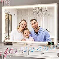 Vista 91 de Hasipu - Espejo de tocador con luces LED, espejo iluminado de maquillaje de 28 x 20 pulgadas, con 3 modos regulables, control por pantalla táctil